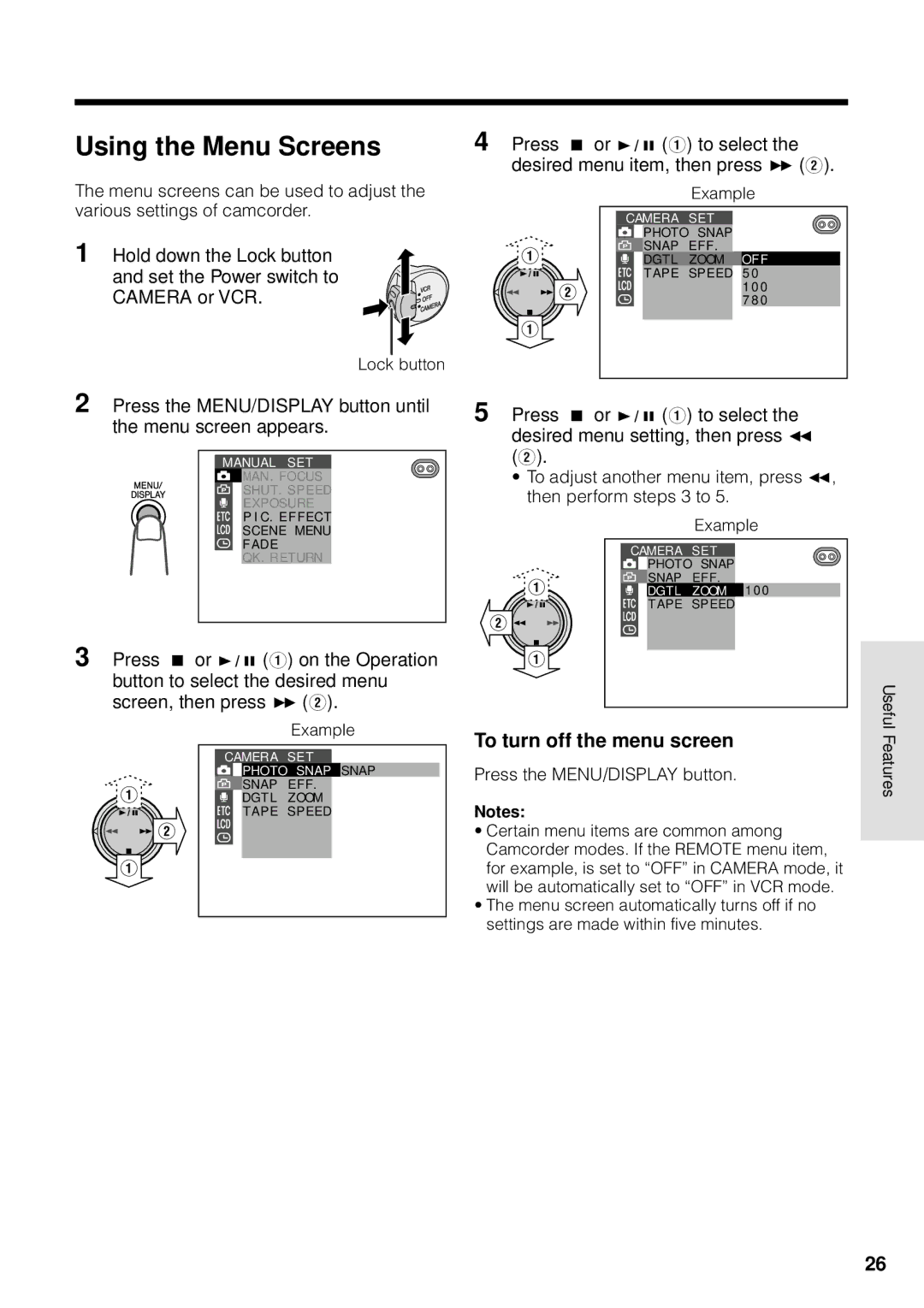 Sharp VL-WD250U operation manual Using the Menu Screens, To turn off the menu screen, Press d or y 1 to select 