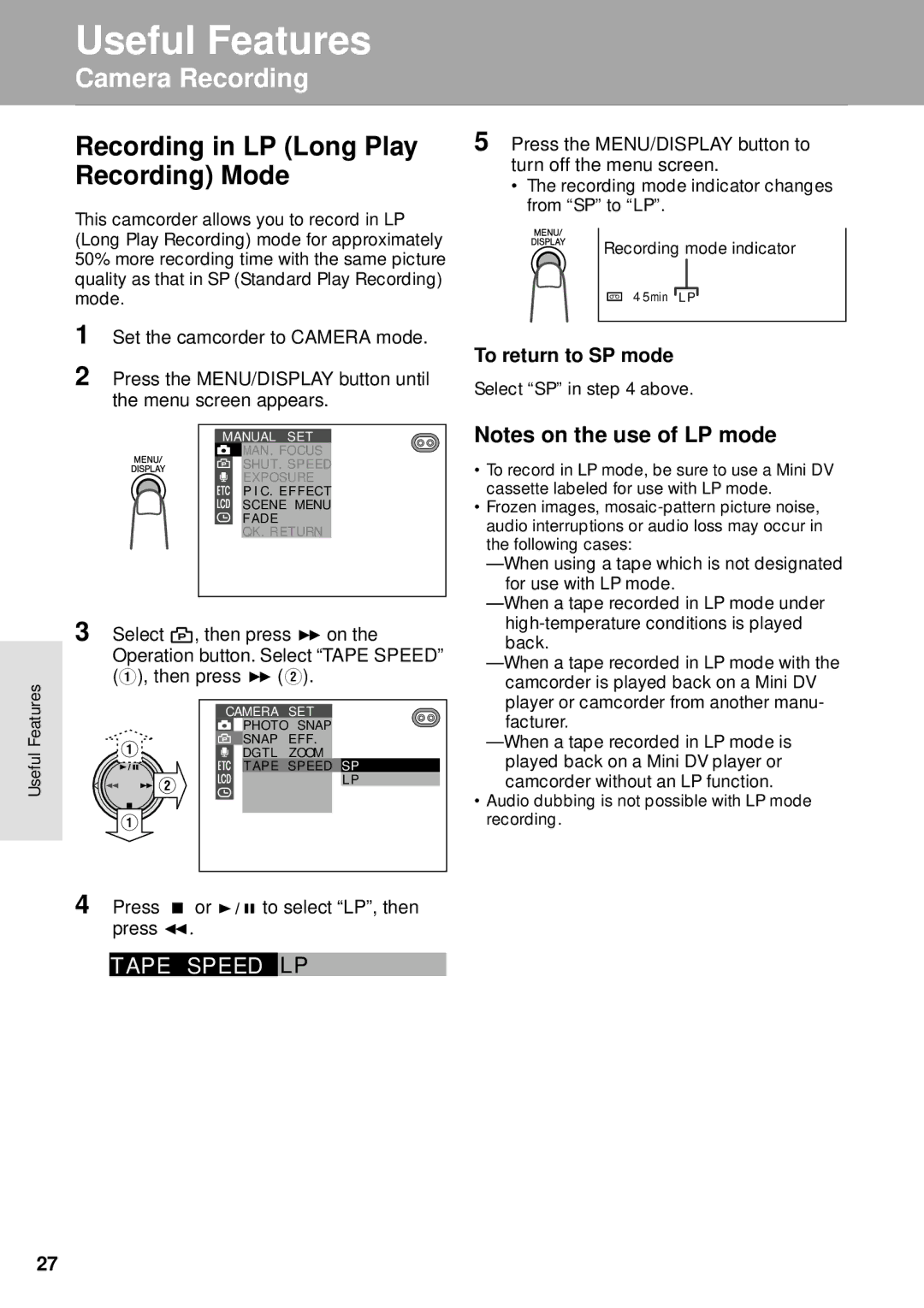 Sharp VL-WD250U operation manual Recording in LP Long Play, Recording Mode, Ap E Sp E E D Lp, Features Amera Recording 