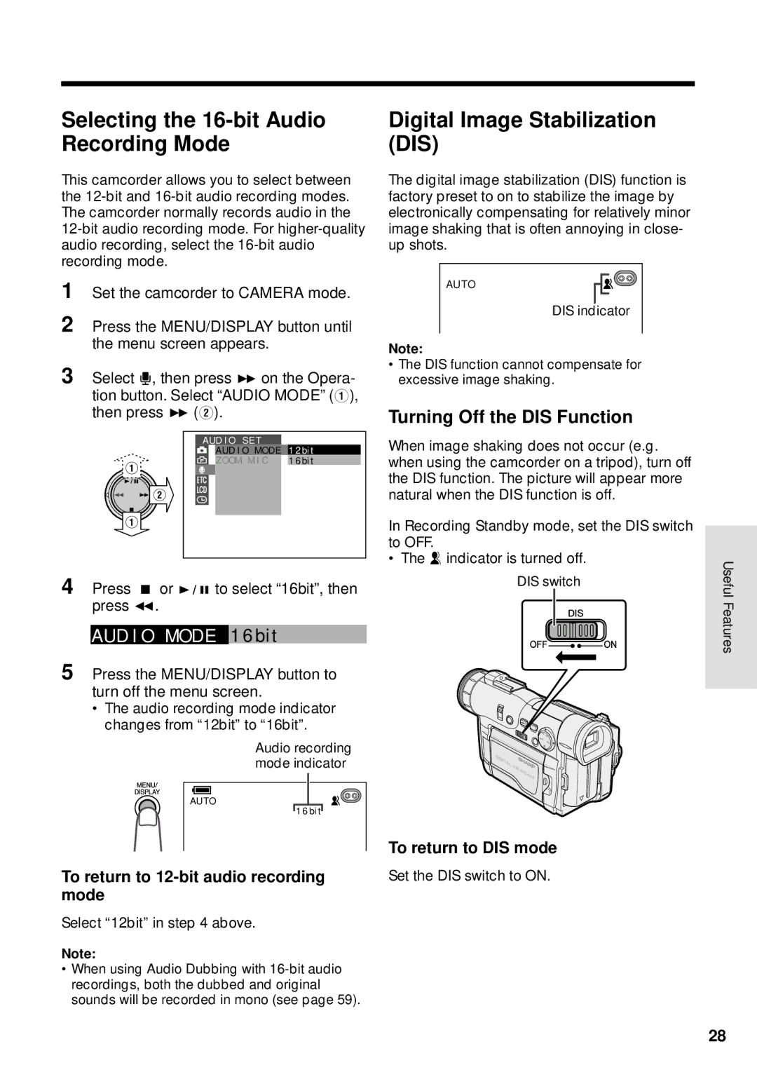 Sharp VL-WD250U Turning Off the DIS Function, To return to 12-bit audio recording mode, To return to DIS mode 