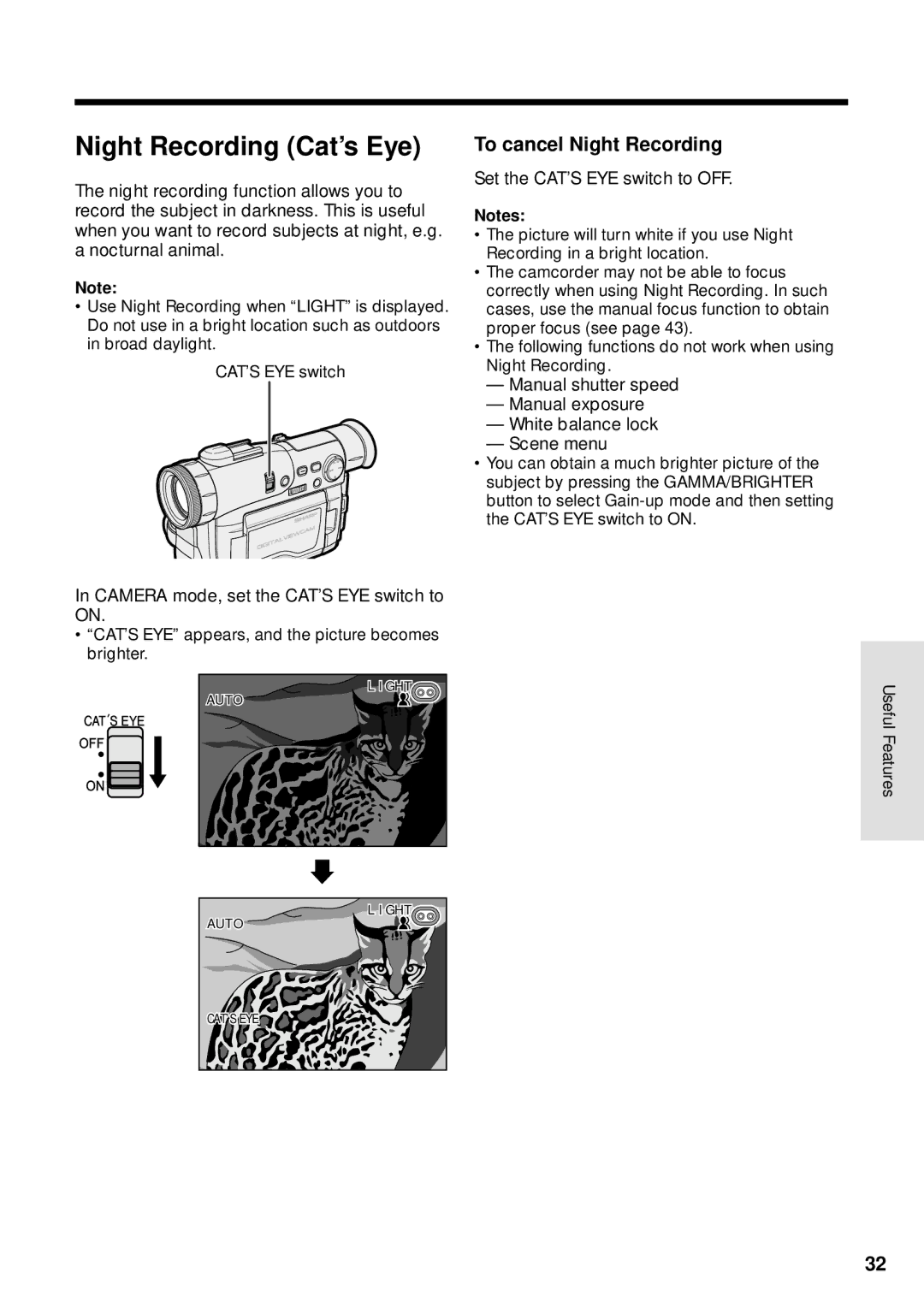 Sharp VL-WD250U operation manual Night Recording Cat’s Eye, To cancel Night Recording 