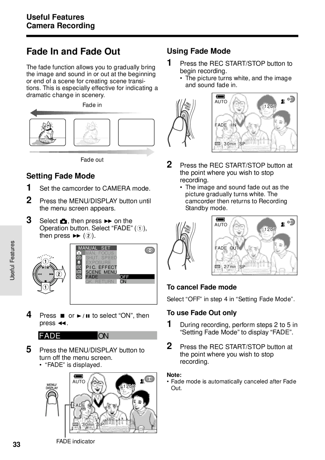 Sharp VL-WD250U operation manual Fade In and Fade Out, Adeon, Using Fade Mode, Setting Fade Mode 