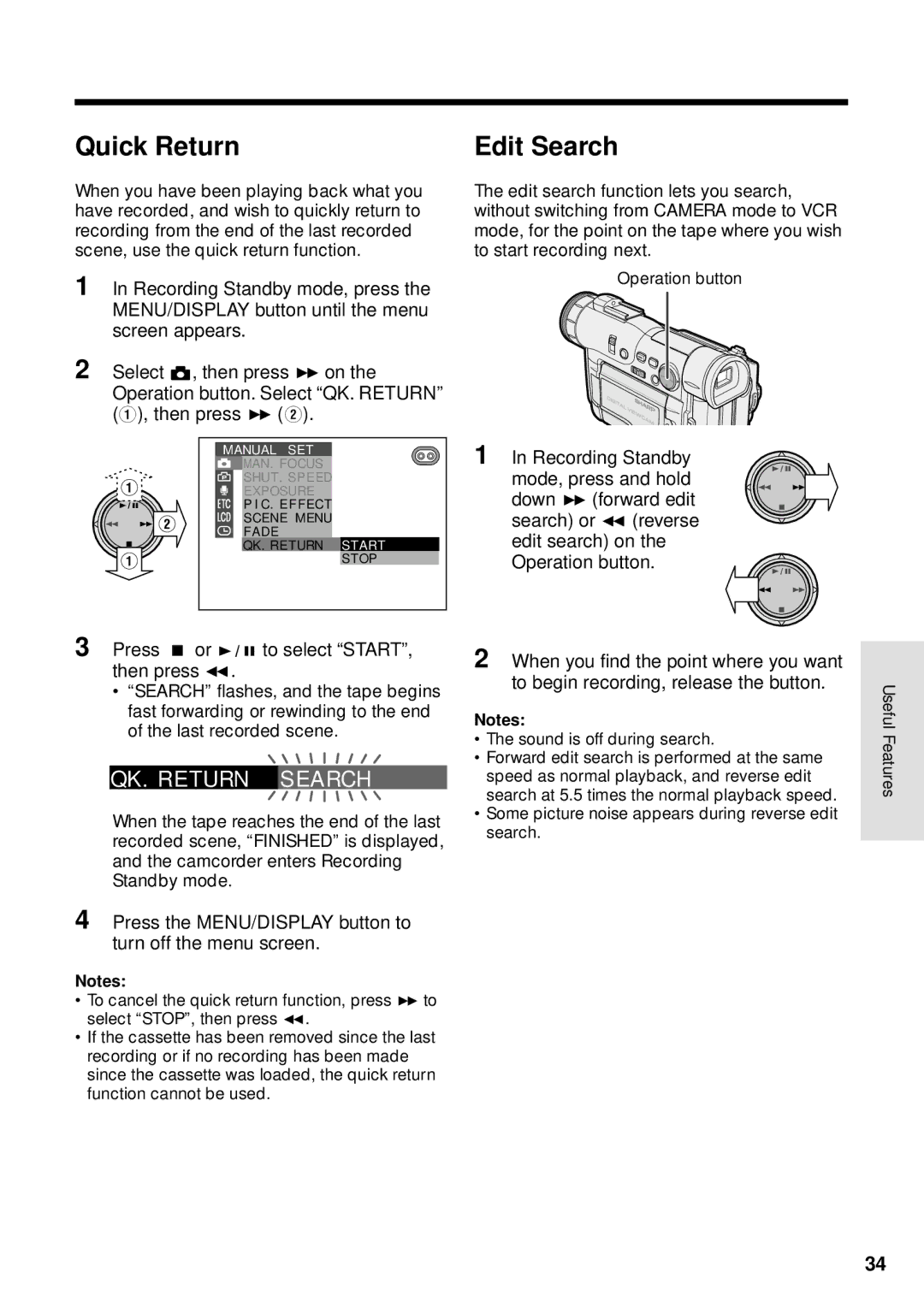 Sharp VL-WD250U operation manual Quick Return, Edit Search, QK. RE T URN S E a RCH 