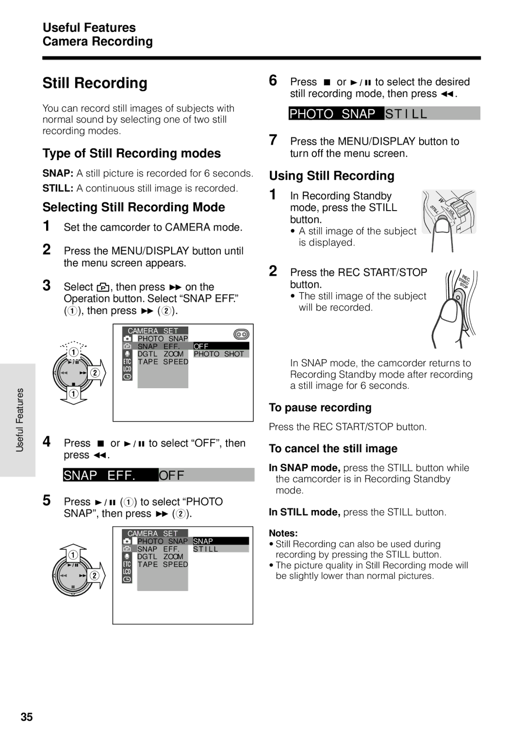 Sharp VL-WD250U operation manual Type of Still Recording modes, Selecting Still Recording Mode, Using Still Recording 