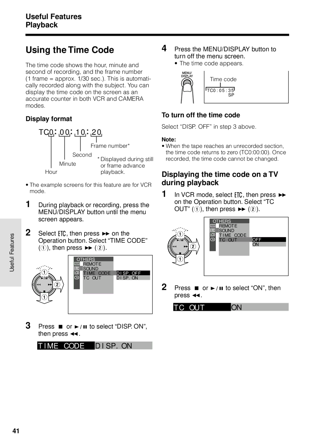 Sharp VL-WD250U Using the Time Code, Ou T, Useful Features Playback, Displaying the time code on a TV during playback 