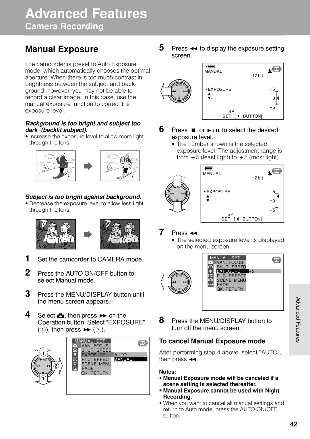 Sharp VL-WD250U operation manual To cancel Manual Exposure mode, Press e to display the exposure setting screen 