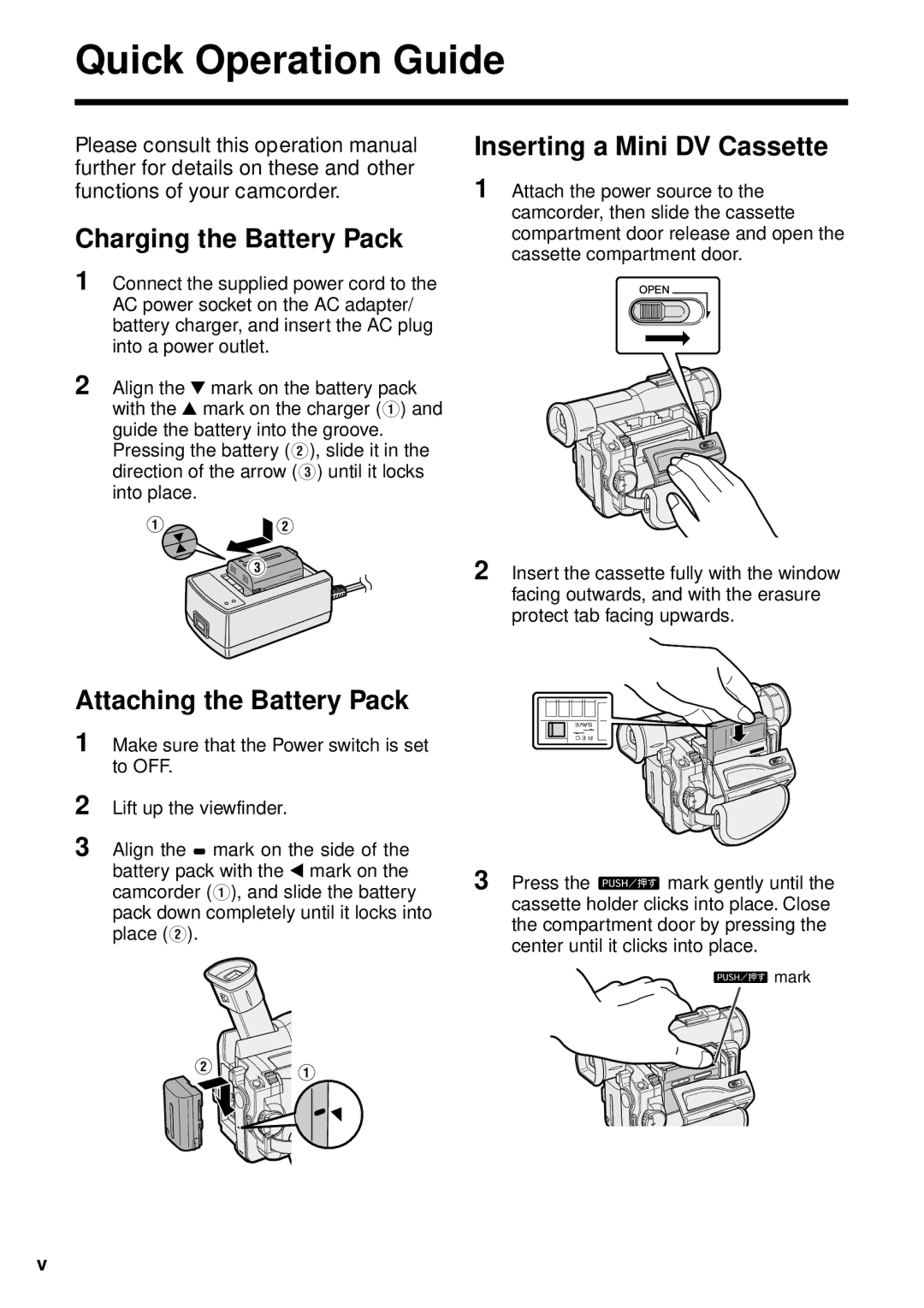 Sharp VL-WD250U operation manual Charging the Battery Pack, Inserting a Mini DV Cassette, Attaching the Battery Pack 