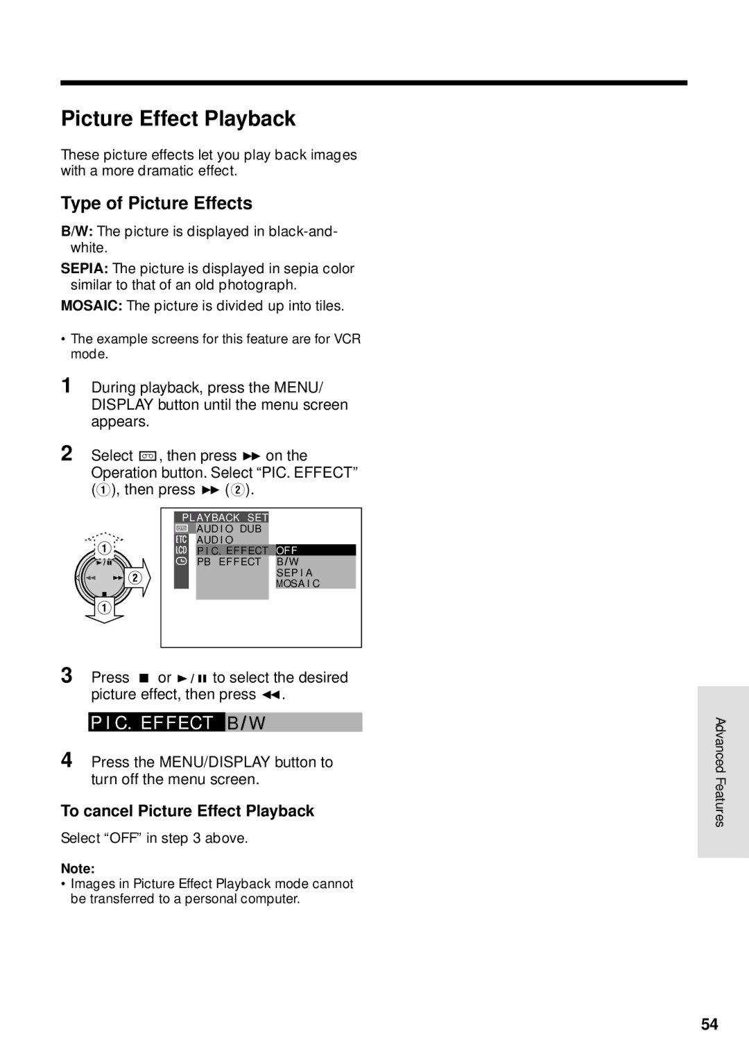 Sharp VL-WD250U operation manual Type of Picture Effects, To cancel Picture Effect Playback 