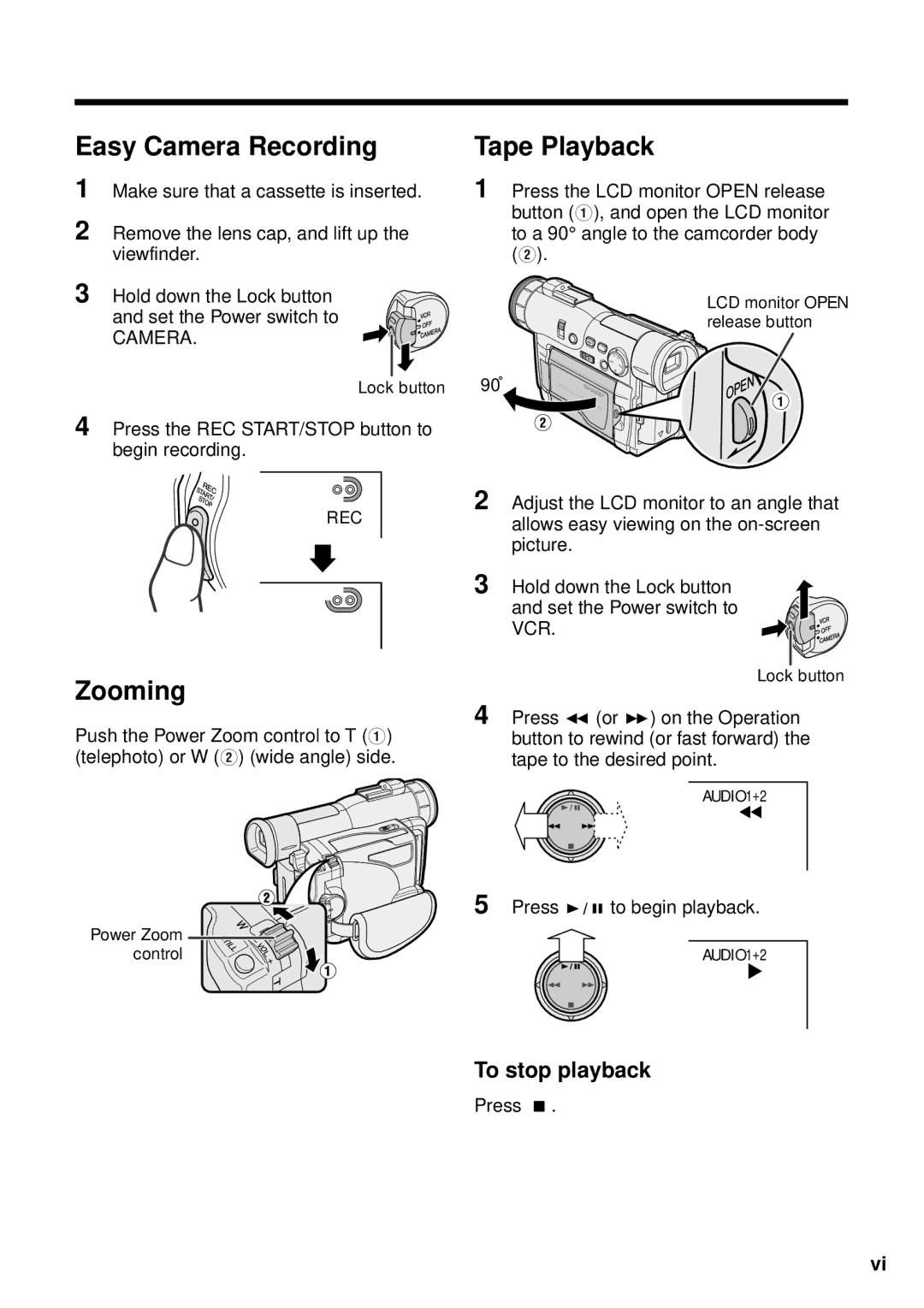 Sharp VL-WD250U operation manual Easy Camera Recording, Tape Playback, Zooming, To stop playback 