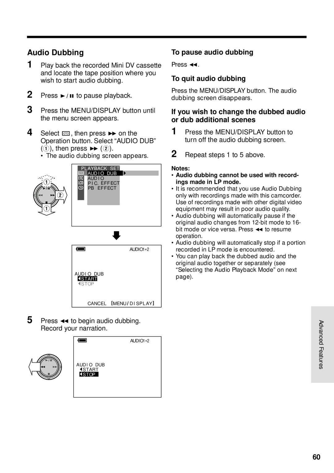 Sharp VL-WD250U operation manual Audio Dubbing, To pause audio dubbing, To quit audio dubbing, Press e 