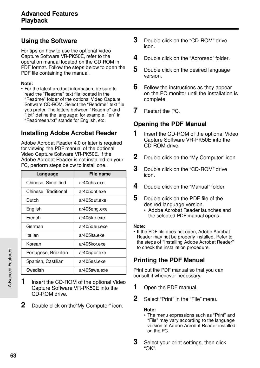 Sharp VL-WD250U Using the Software, Installing Adobe Acrobat Reader, Select your print settings, then click OK 