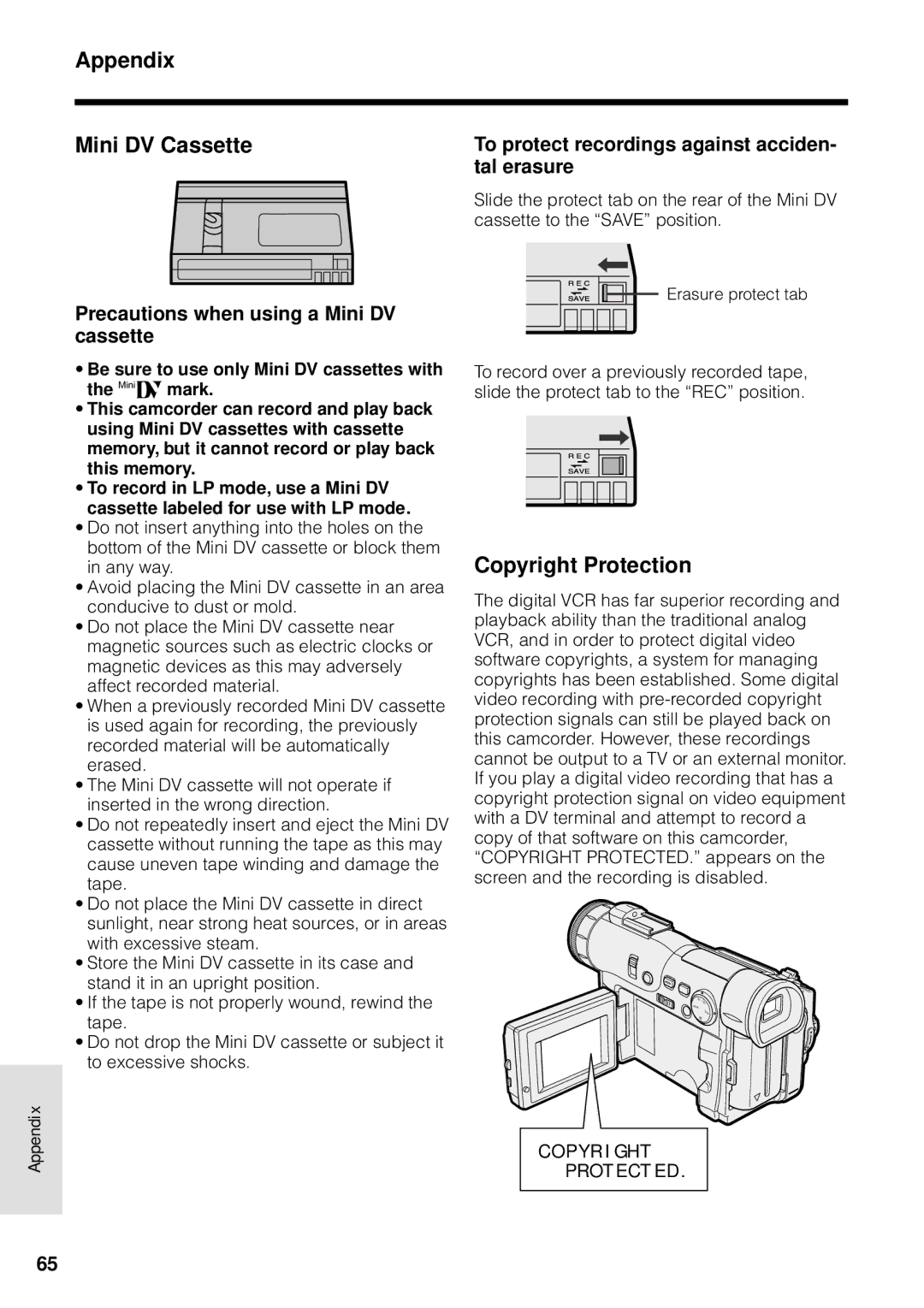 Sharp VL-WD250U Appendix Mini DV Cassette, Copyright Protection, To protect recordings against acciden, Tal erasure 