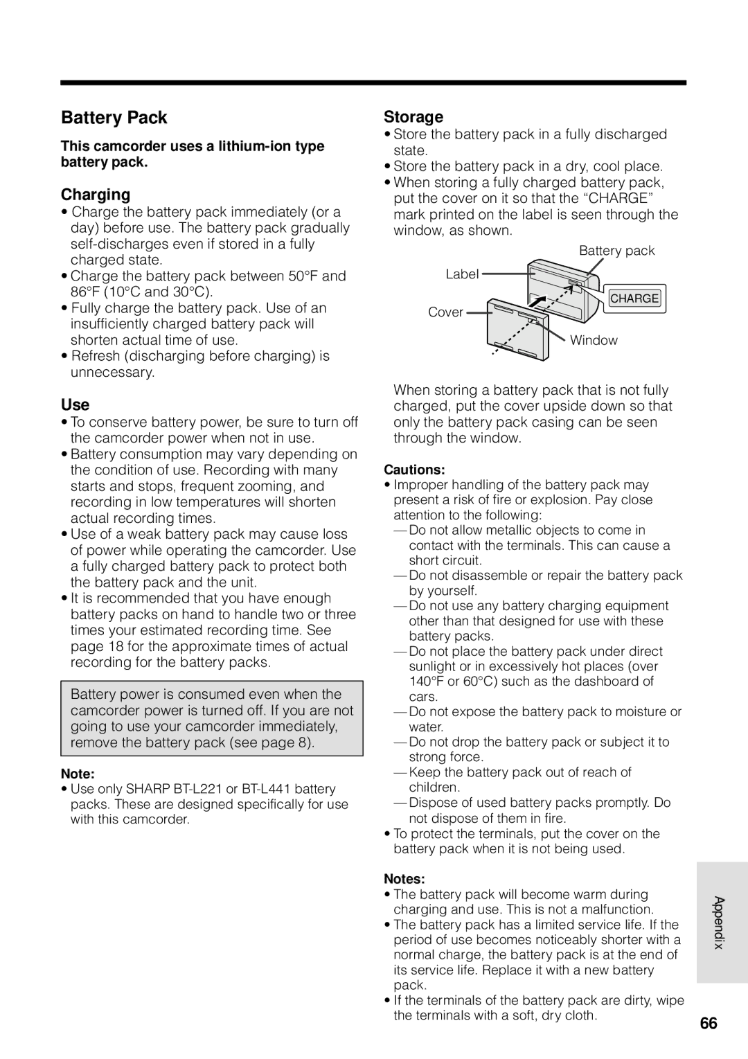 Sharp VL-WD250U operation manual Battery Pack, Charging, Use, Storage, This camcorder uses a lithium-ion type battery pack 