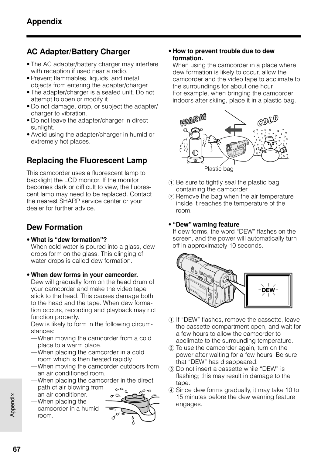 Sharp VL-WD250U operation manual Appendix, AC Adapter/Battery Charger, Replacing the Fluorescent Lamp, Dew Formation 