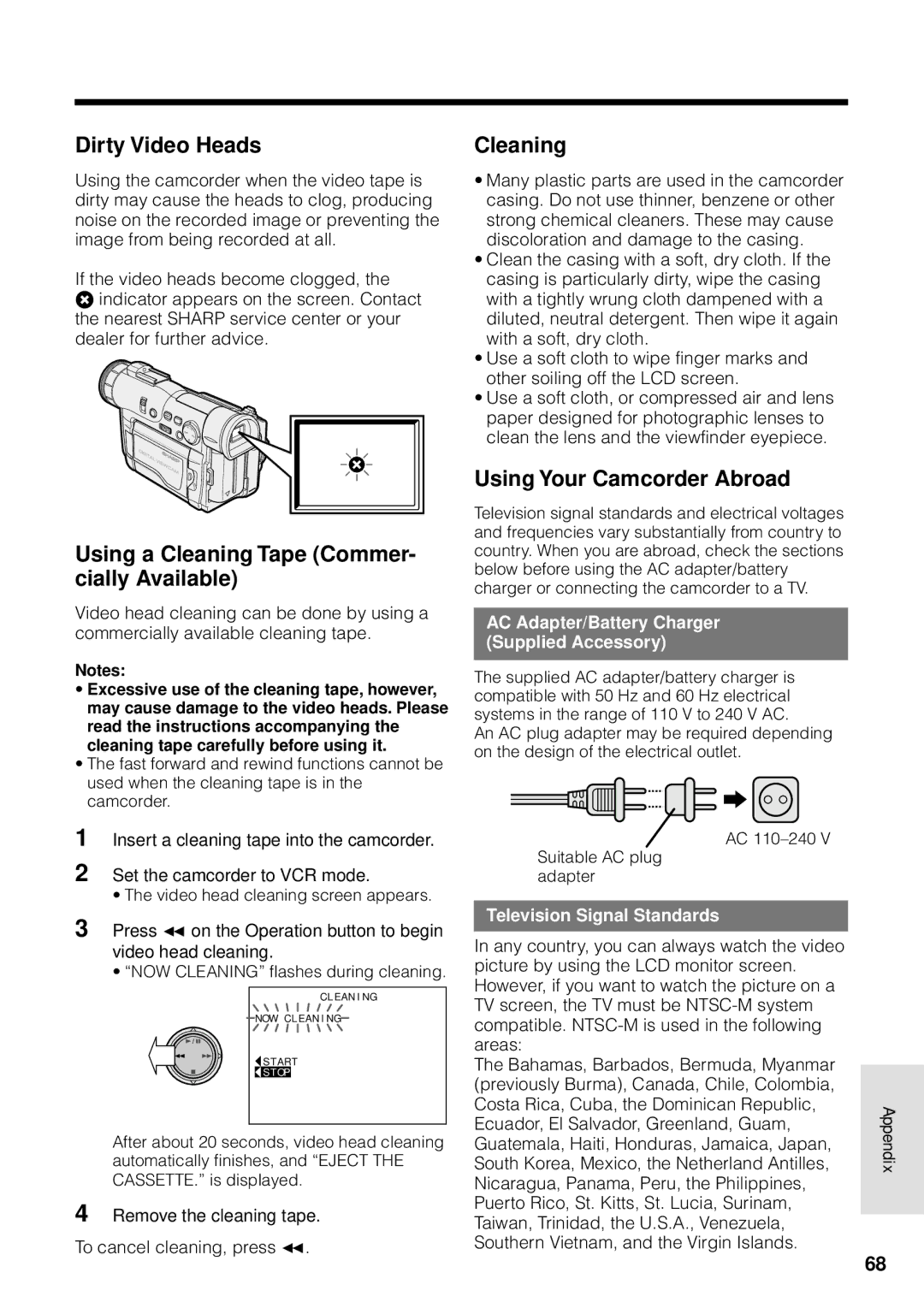 Sharp VL-WD250U Dirty Video Heads, Using a Cleaning Tape Commer- cially Available, Using Your Camcorder Abroad 