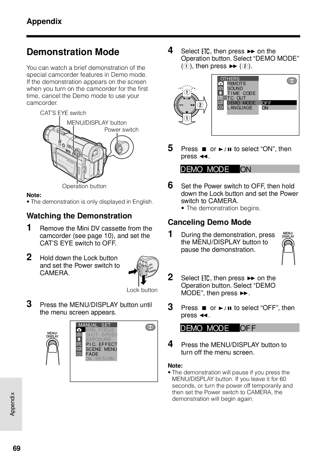 Sharp VL-WD250U Demonstration Mode, EMO MOD E on, Demo Mode of F, Watching the Demonstration, Canceling Demo Mode 