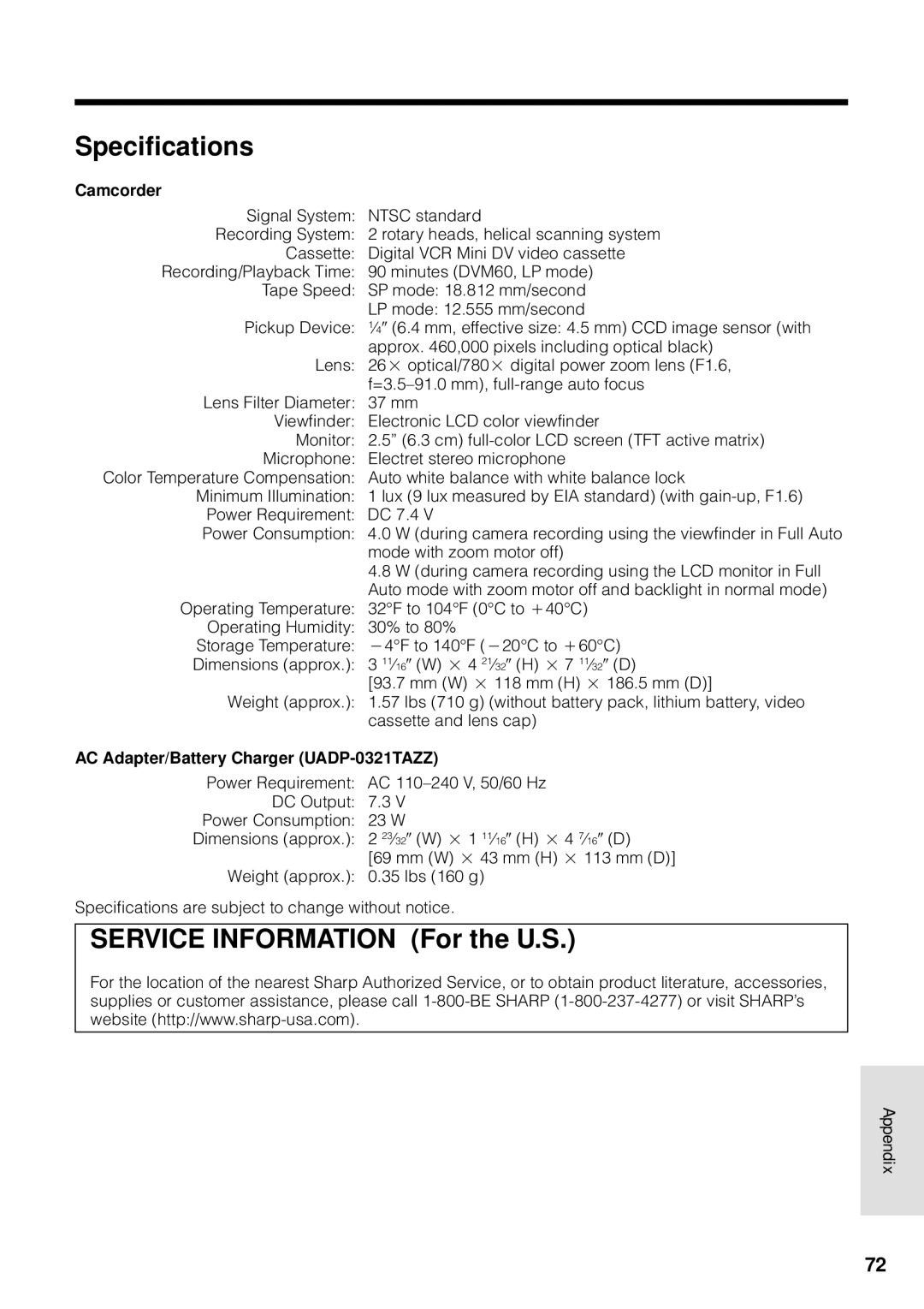 Sharp VL-WD250U operation manual Specifications, Service Information For the U.S 