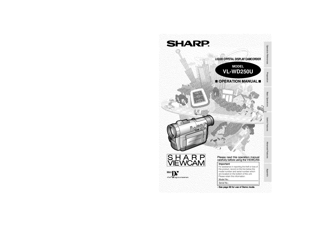 Sharp VL-WD250U operation manual Model, Liquid Crystal Display Camcorder, Operation Manual, Advanced Features Appendix 