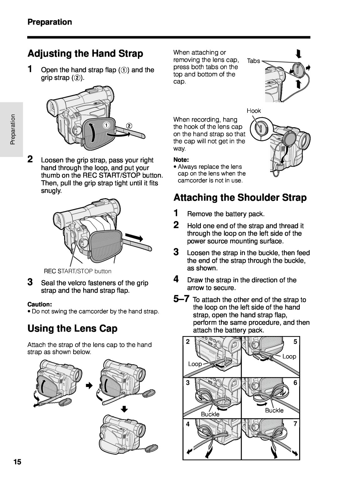 Sharp VL-WD250U operation manual Adjusting the Hand Strap, Using the Lens Cap, Attaching the Shoulder Strap, Preparation 
