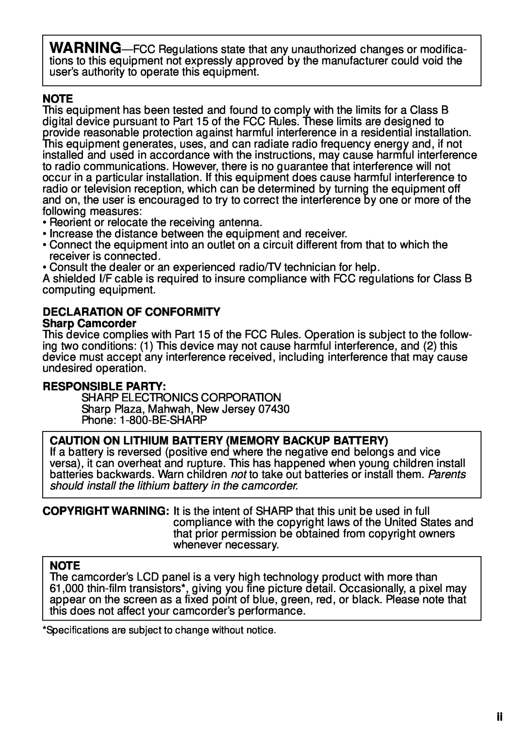 Sharp VL-WD250U operation manual DECLARATION OF CONFORMITY Sharp Camcorder, Responsible Party 
