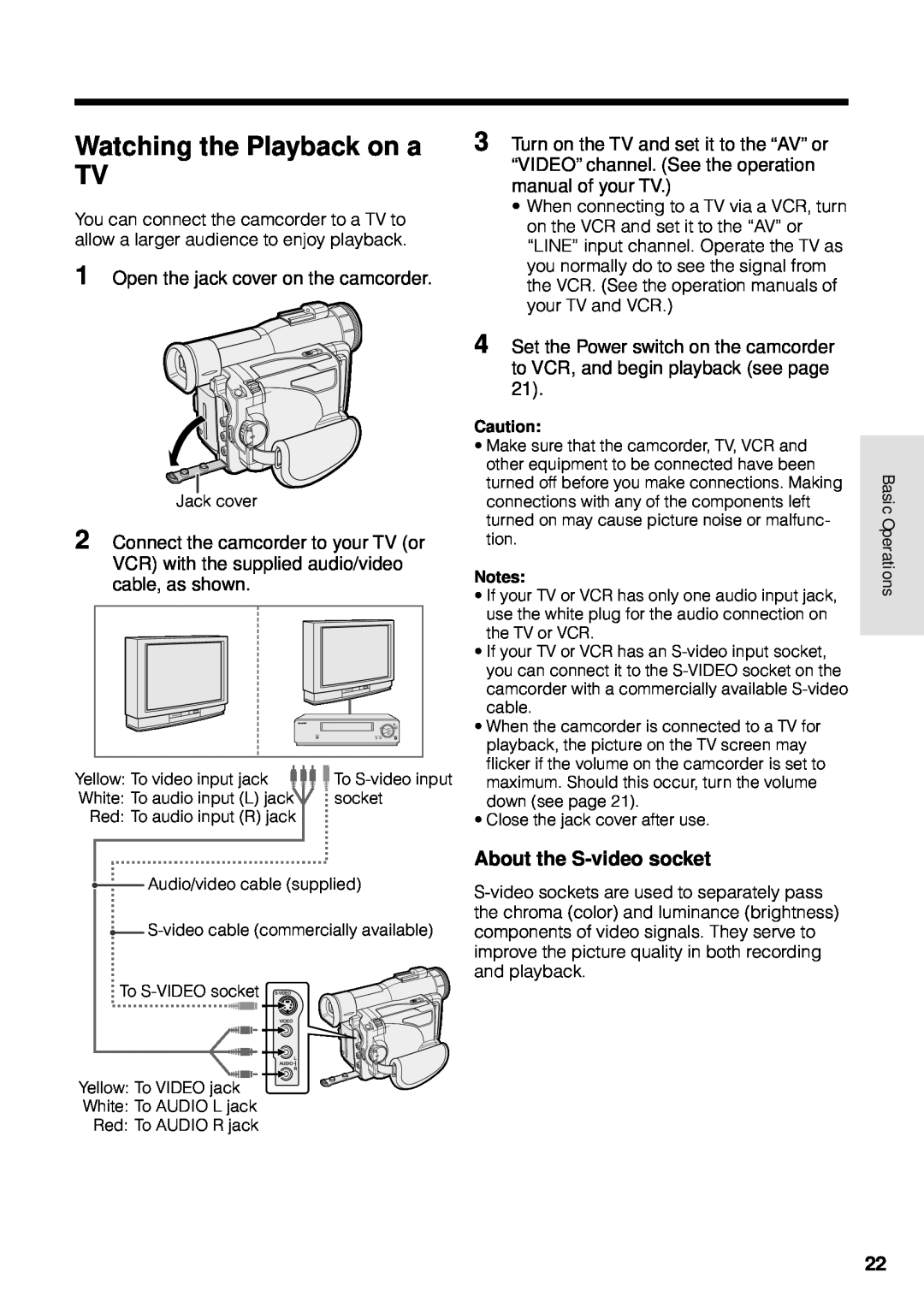 Sharp VL-WD250U operation manual Watching the Playback on a TV, About the S-video socket, Basic Operations 