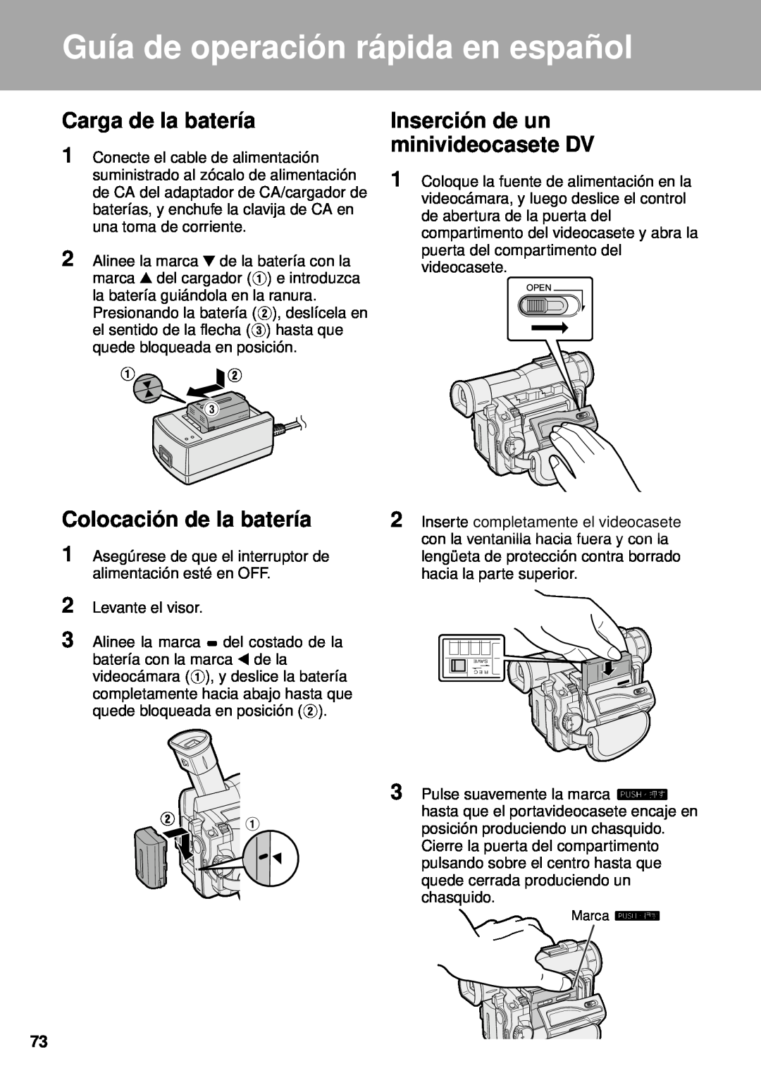 Sharp VL-WD250U operation manual Guía de operación rápida en español, Carga de la batería, Colocación de la batería 