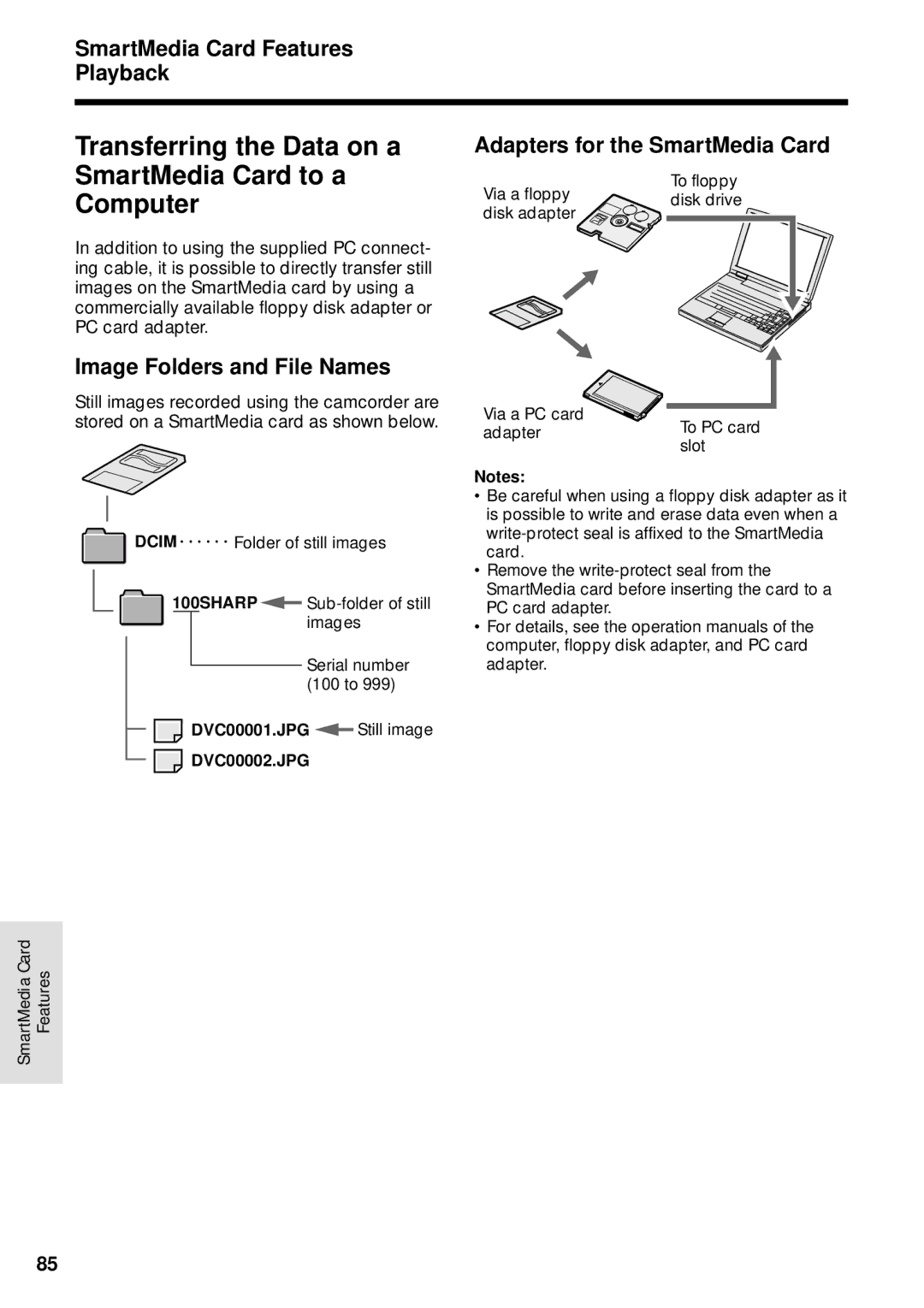 Sharp VL-WD255U operation manual Transferring the Data on a SmartMedia Card to a Computer, Adapters for the SmartMedia Card 