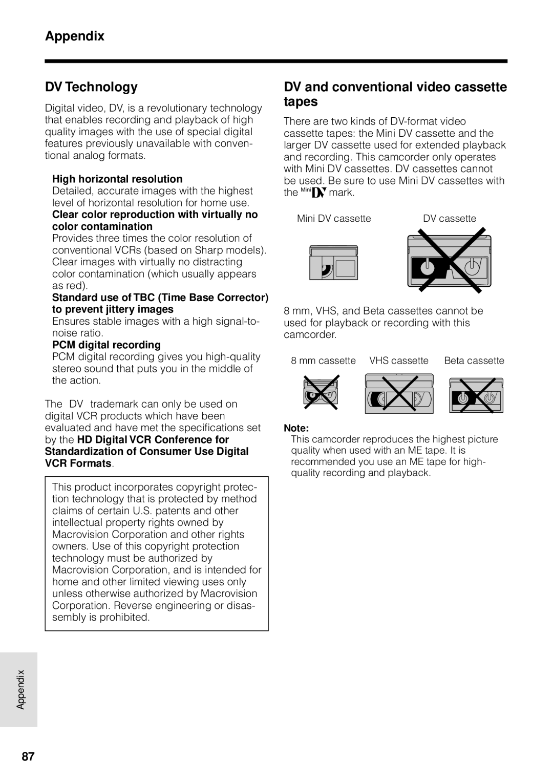 Sharp VL-WD255U Appendix DV Technology, DV and conventional video cassette tapes, High horizontal resolution 
