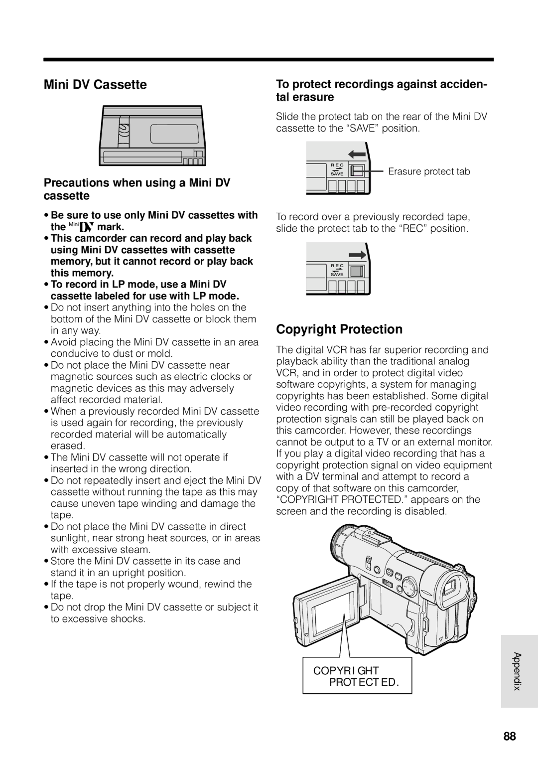 Sharp VL-WD255U operation manual Mini DV Cassette, Copyright Protection, Precautions when using a Mini DV cassette 