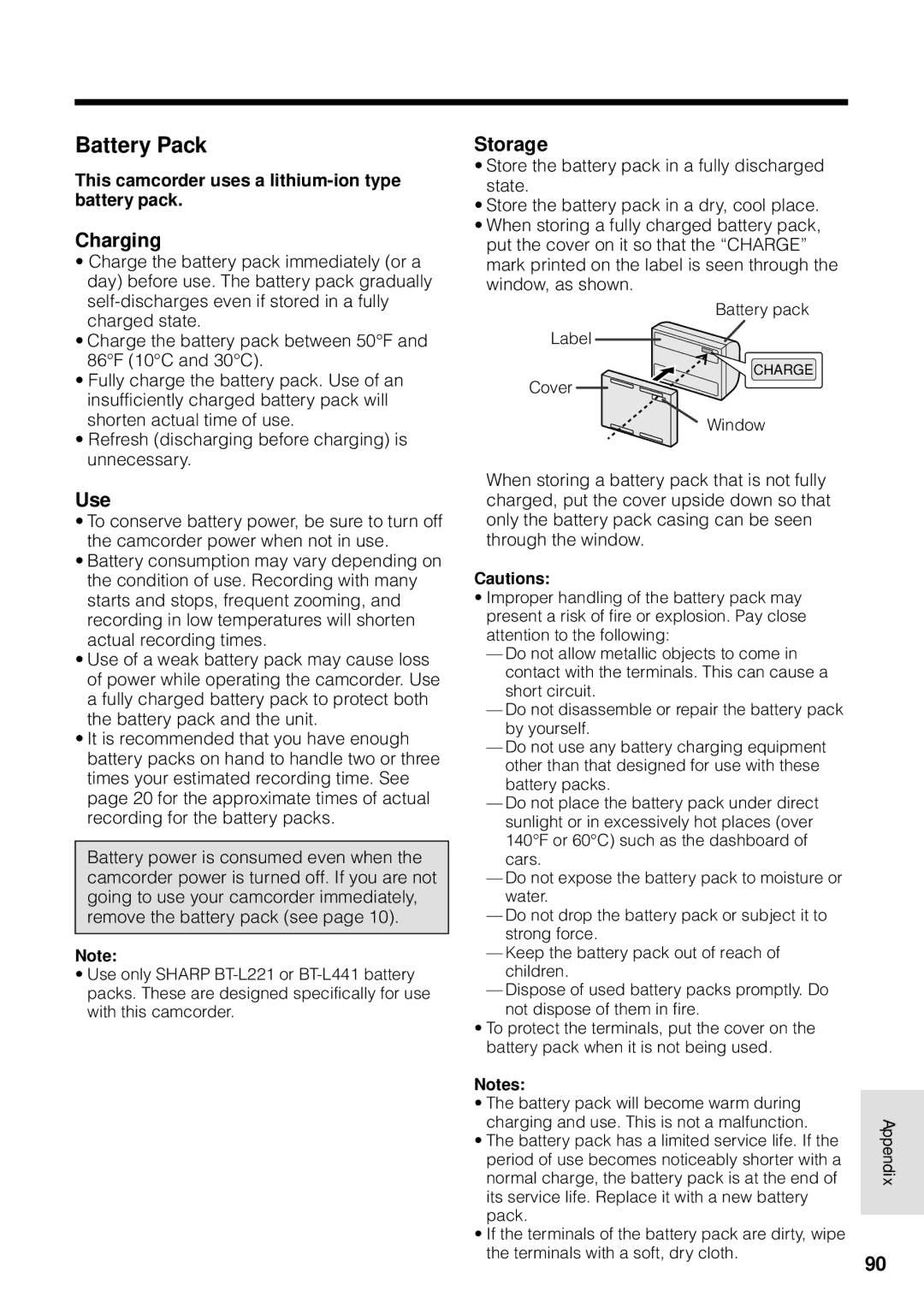 Sharp VL-WD255U operation manual Battery Pack, Charging, Use, Storage, This camcorder uses a lithium-ion type battery pack 