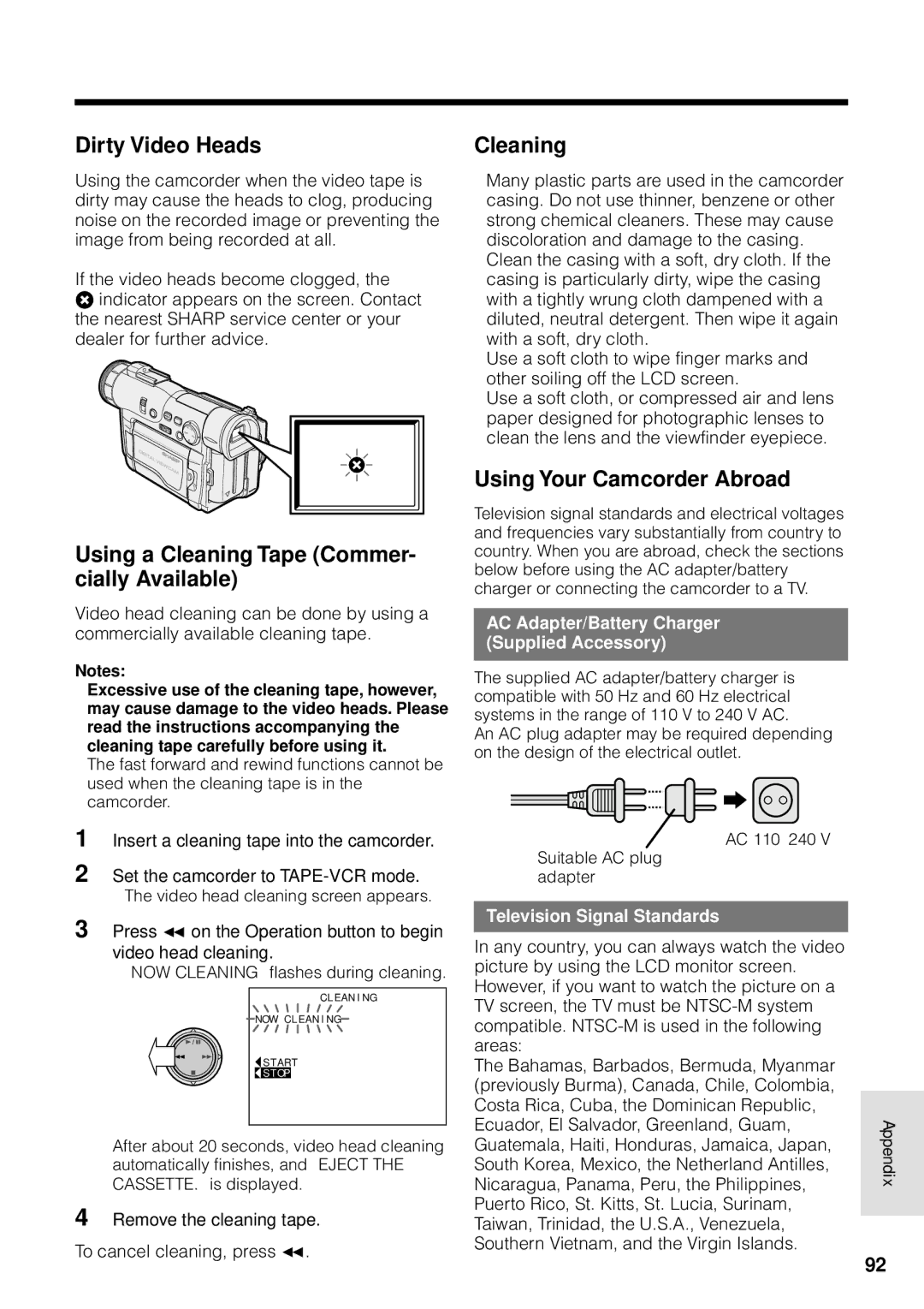Sharp VL-WD255U Dirty Video Heads, Using a Cleaning Tape Commer- cially Available, Using Your Camcorder Abroad 