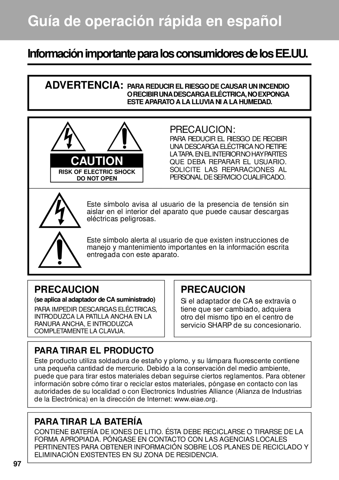 Sharp VL-WD255U operation manual Guía de operación rápida en español, Se aplica al adaptador de CA suministrado 