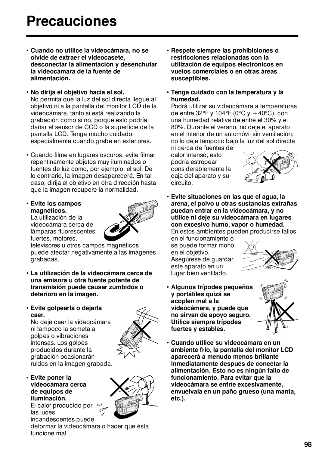 Sharp VL-WD255U operation manual Precauciones, Deformar la videocámara o hacer que ésta funcione mal 