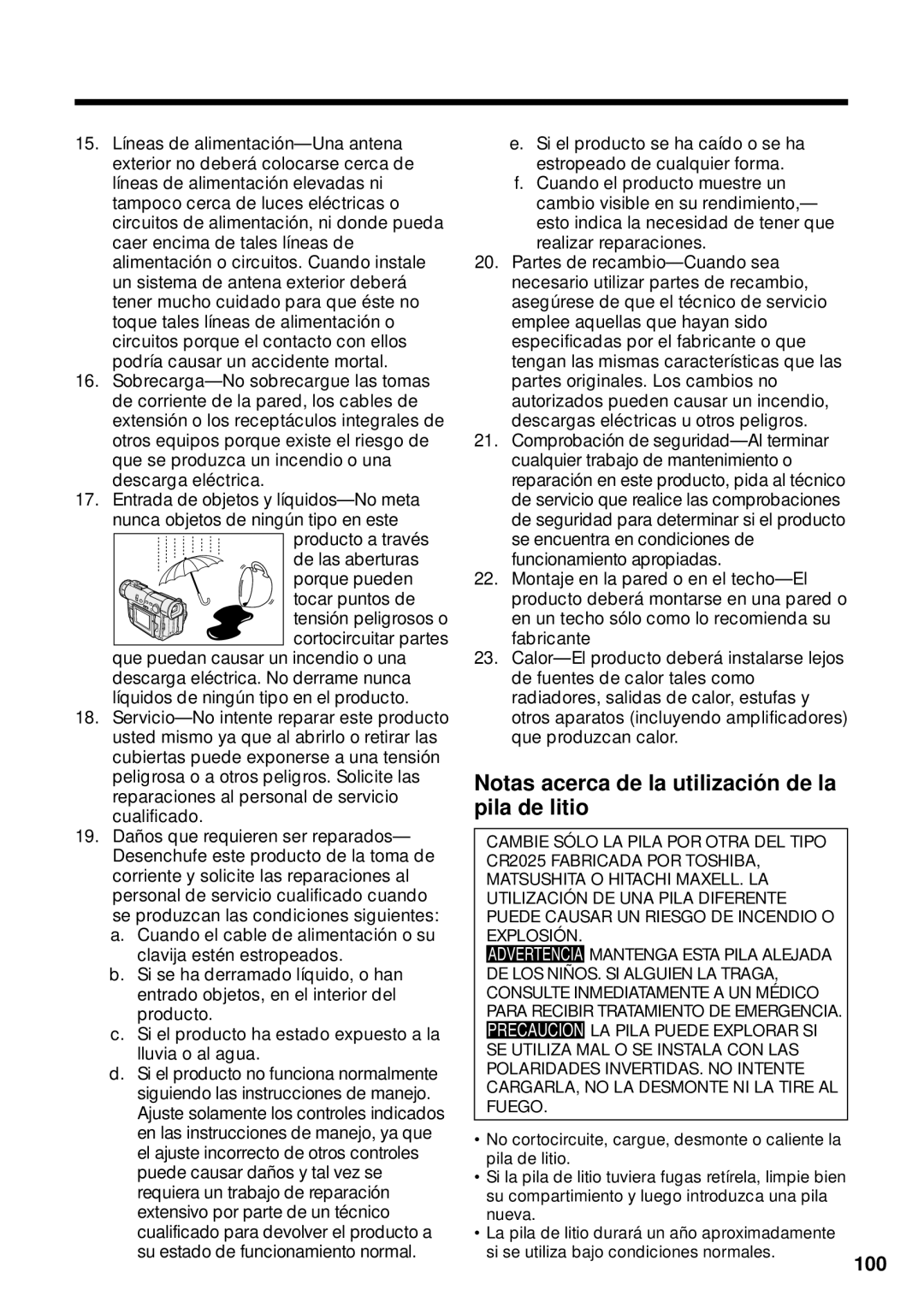 Sharp VL-WD255U operation manual Notas acerca de la utilizació n de la pila de litio, 100 