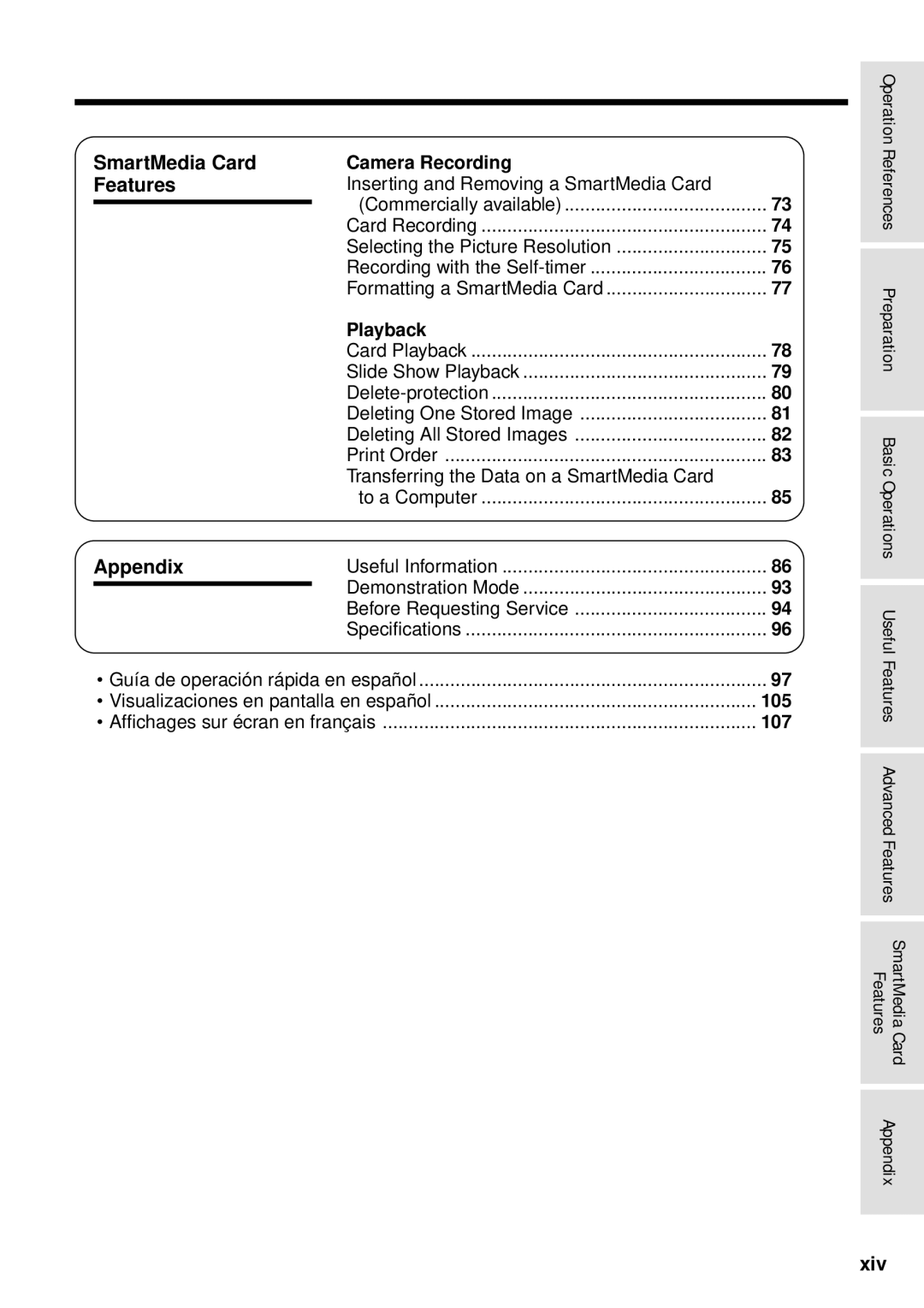 Sharp VL-WD255U operation manual SmartMedia Card, Features, Appendix, Xiv 