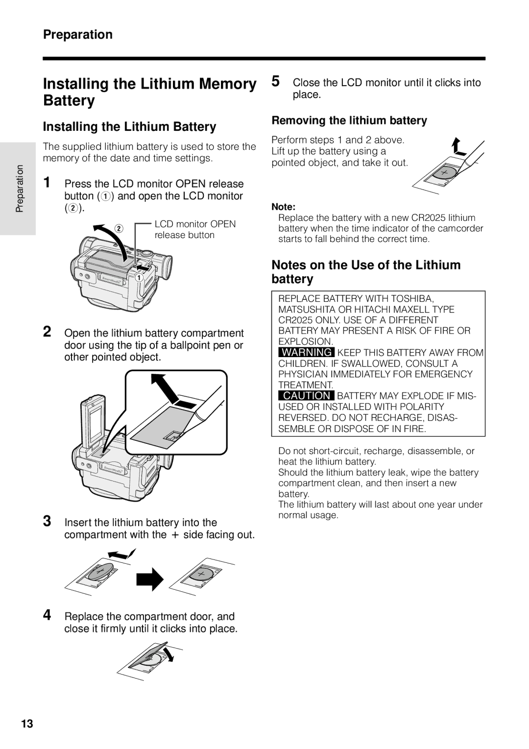 Sharp VL-WD255U Installing the Lithium Memory Battery, Installing the Lithium Battery, Removing the lithium battery 