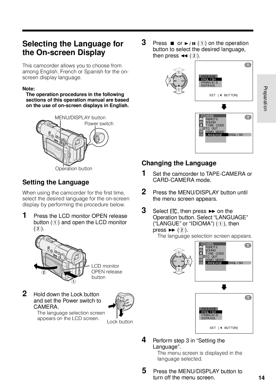 Sharp VL-WD255U operation manual Selecting the Language for, On-screen Display, Setting the Language, Changing the Language 