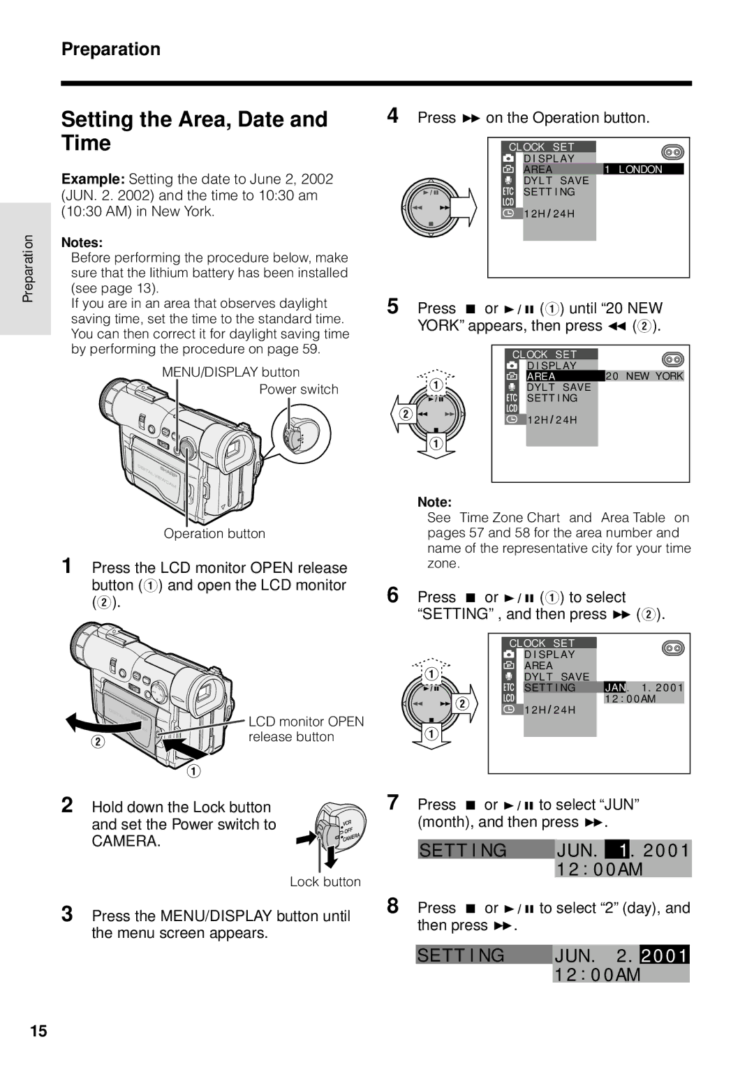 Sharp VL-WD255U operation manual Setting the Area, Date and Time, 0 0 AM 