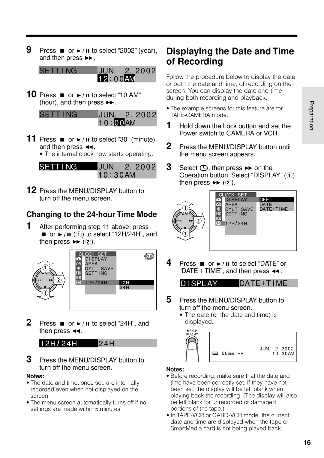 Sharp VL-WD255U operation manual Displaying the Date and Time of Recording, Se T T I Ng, Sp L Ay Da T E + T I Me 