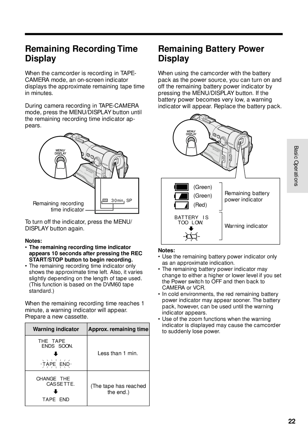 Sharp VL-WD255U operation manual Remaining Recording Time Display, Remaining Battery Power Display, End 