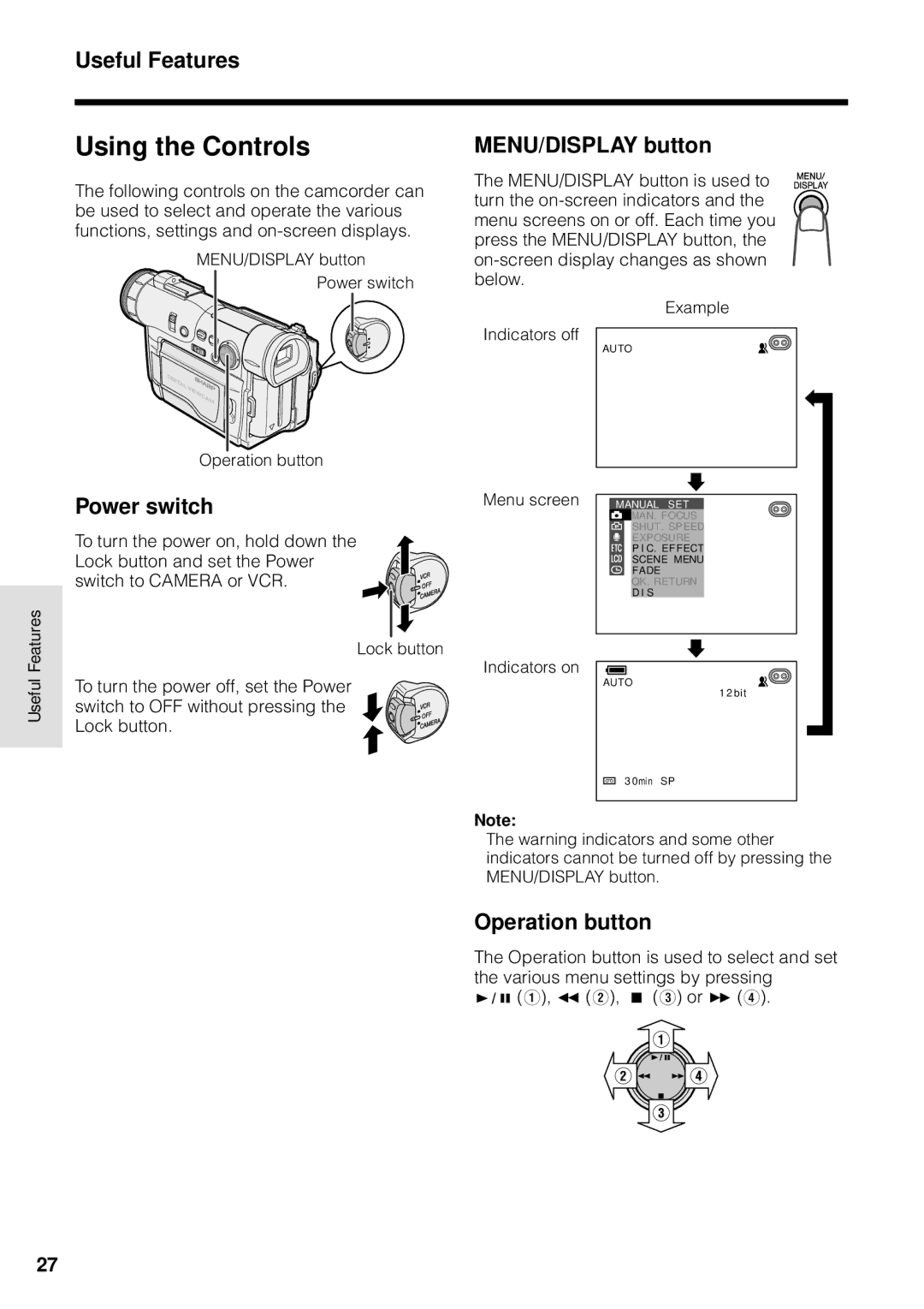 Sharp VL-WD255U operation manual Using the Controls, Useful Features, MENU/DISPLAY button, Power switch, Operation button 