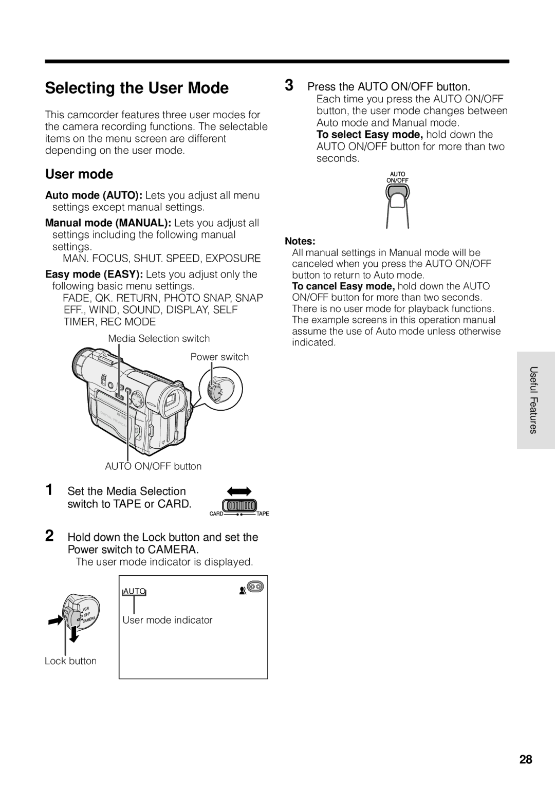 Sharp VL-WD255U operation manual Selecting the User Mode, User mode 