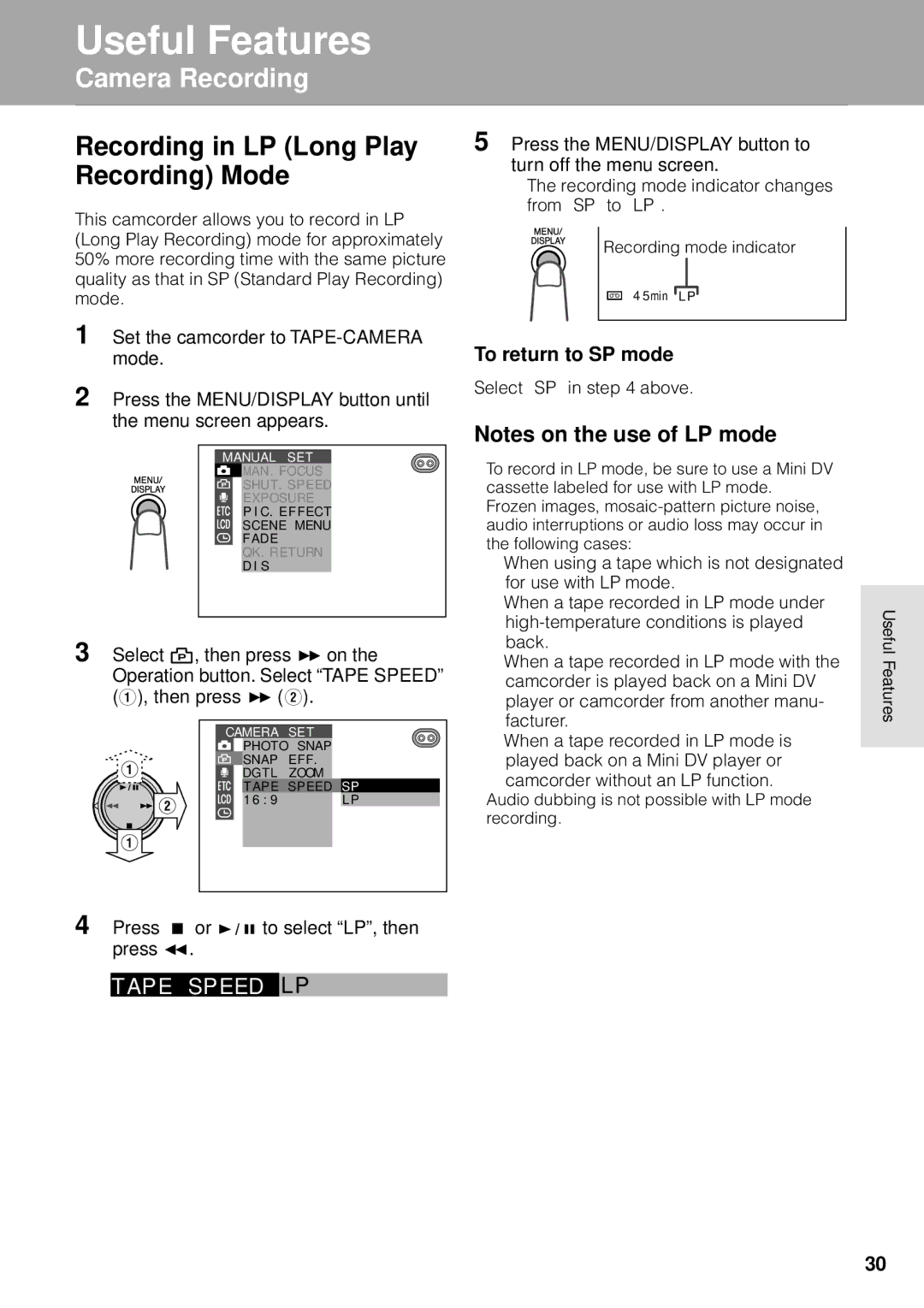 Sharp VL-WD255U operation manual Recording in LP Long Play, Recording Mode, Ap E Sp E E D Lp, To return to SP mode 