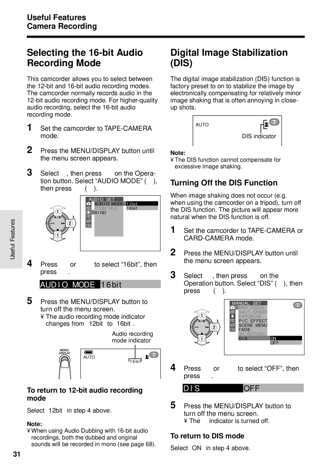 Sharp VL-WD255U Useful Features Camera Recording, Turning Off the DIS Function, To return to 12-bit audio recording mode 
