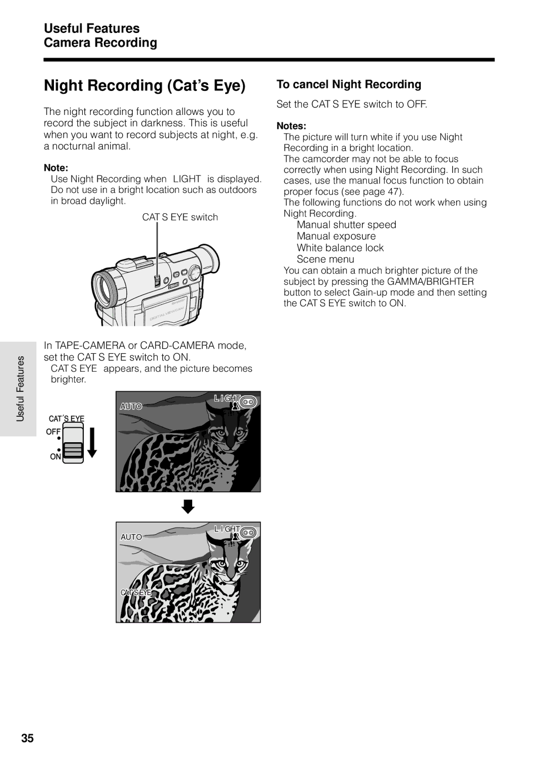 Sharp VL-WD255U operation manual Night Recording Cat’s Eye, To cancel Night Recording, Set the CAT’S EYE switch to OFF 