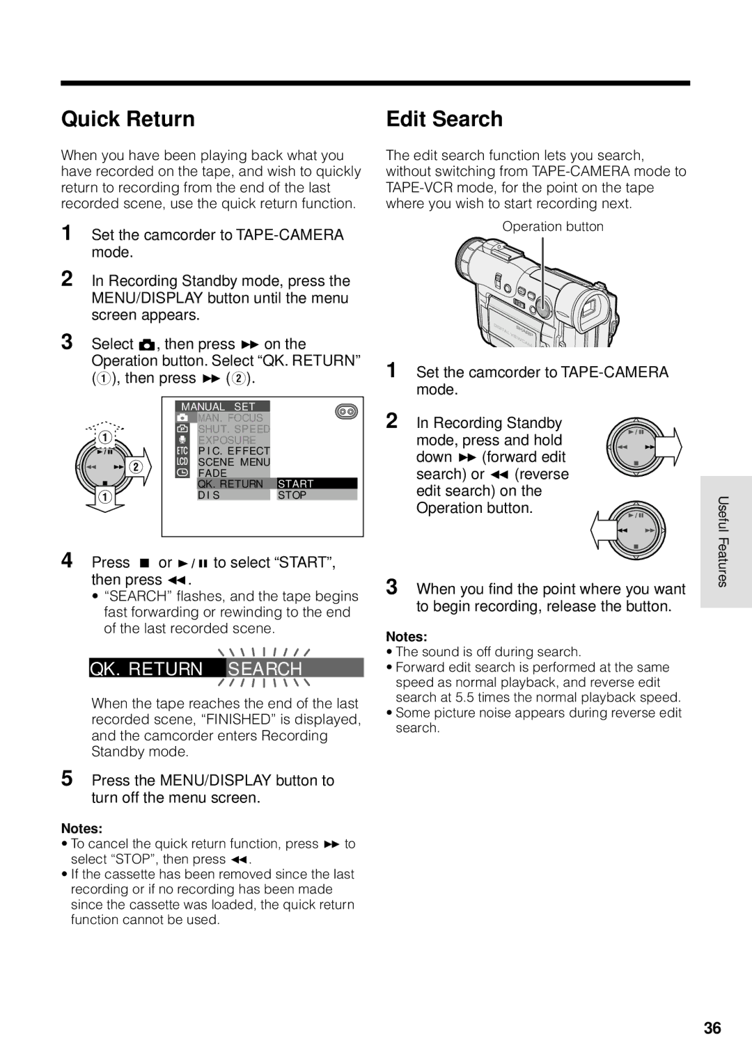 Sharp VL-WD255U operation manual Quick Return, Edit Search, QK. RE T URN S E a RCH 