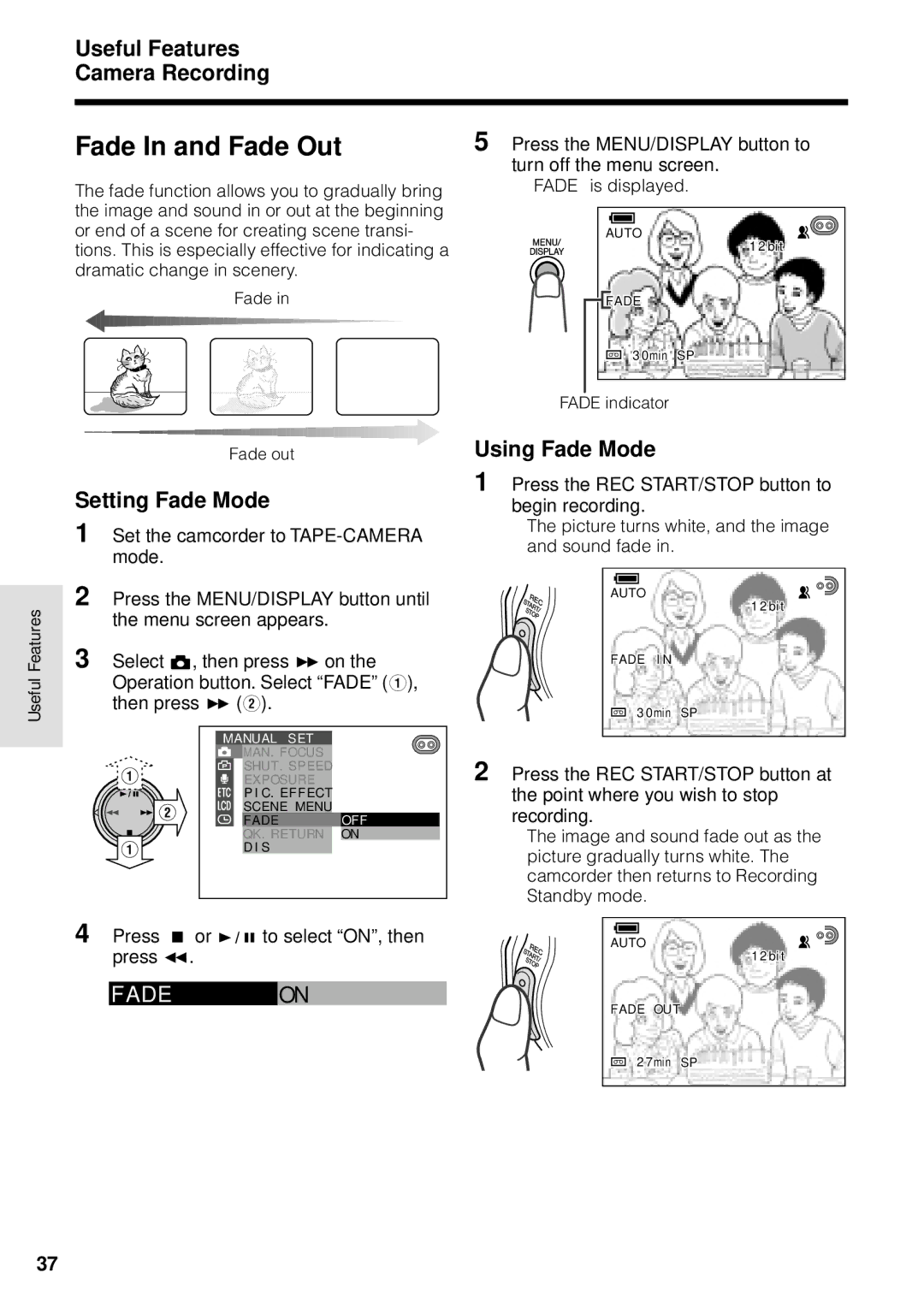 Sharp VL-WD255U operation manual Fade In and Fade Out, Adeon, Setting Fade Mode, Using Fade Mode 