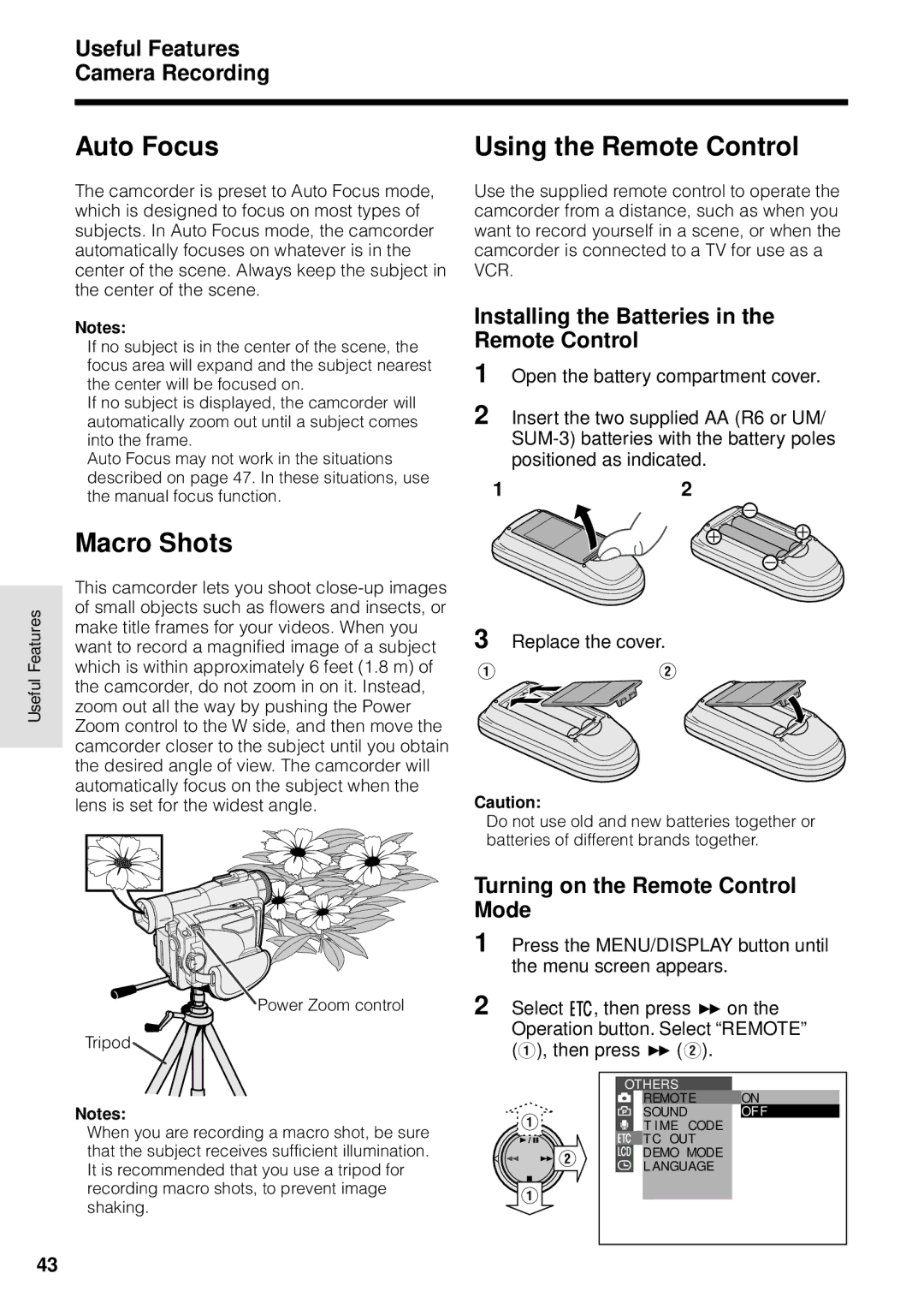 Sharp VL-WD255U Auto Focus Using the Remote Control, Macro Shots, Installing the Batteries in the Remote Control 