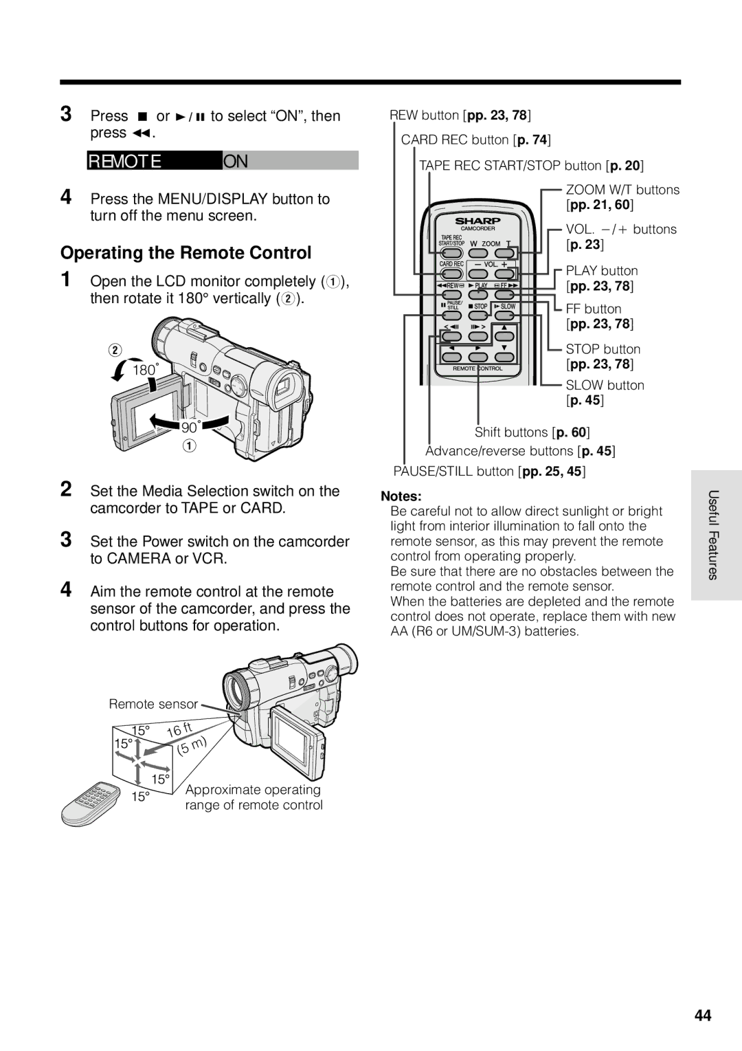 Sharp VL-WD255U Remo T E on, Operating the Remote Control, VOL. +/L buttons p, FF button pp Stop button pp Slow button p 