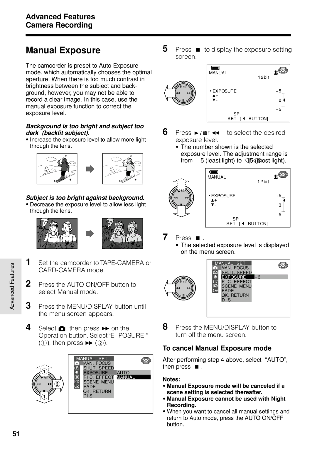 Sharp VL-WD255U operation manual To cancel Manual Exposure mode, Press e to display the exposure setting, Screen 