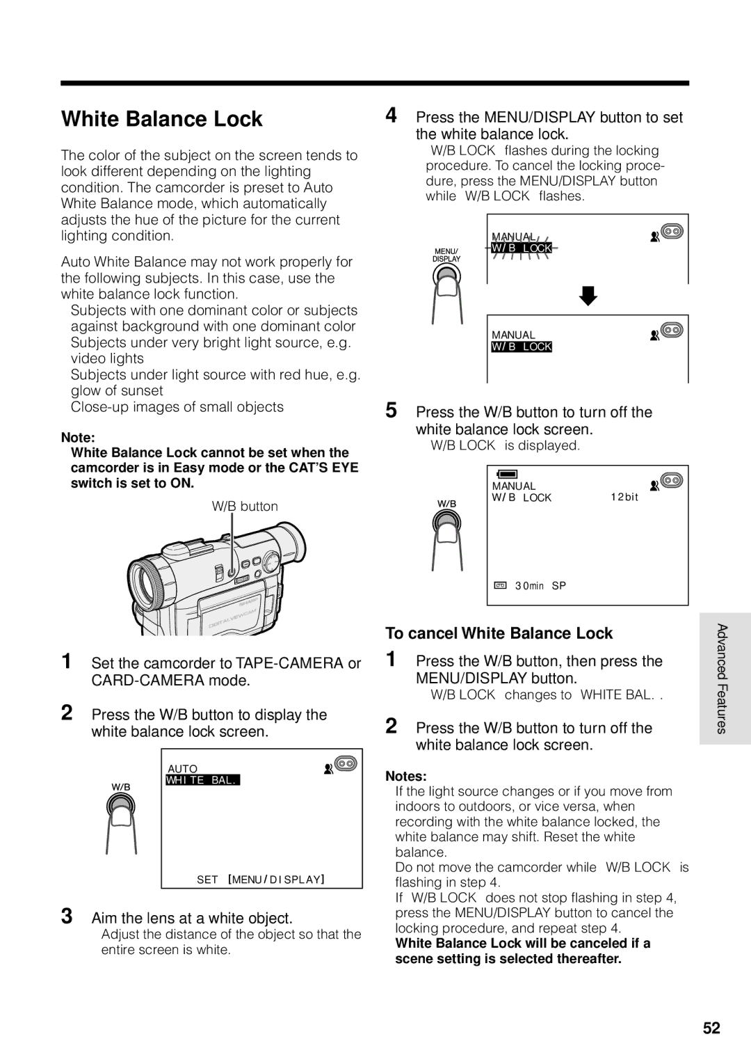 Sharp VL-WD255U operation manual To cancel White Balance Lock, Aim the lens at a white object 